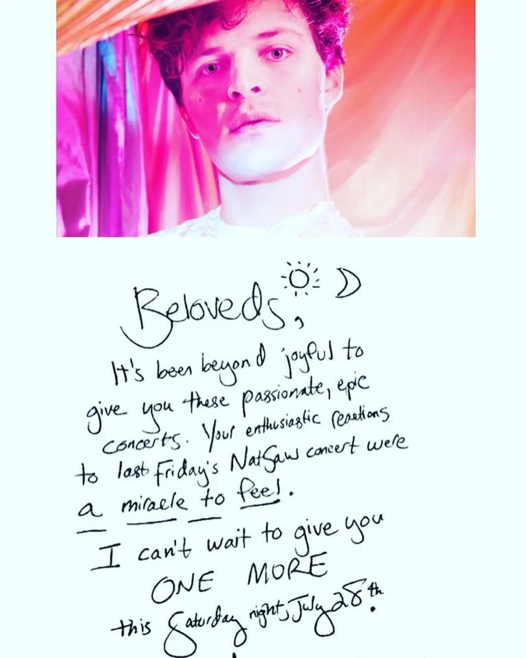 A young Natti Vogel with curly hair, with a note below expressing admiration for a loved one, mentioning last Friday's concert and an upcoming event on Saturday.
