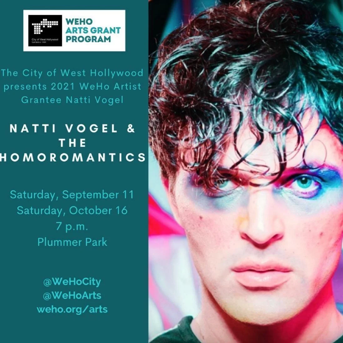 Event poster for the 2021 WeHo Artist Grantee Natti Vogel & The Homoromantics, presented by the City of West Hollywood. Includes event dates: September 11 and October 16 at 7 p.m. at Plummer Park, with social media handles @WeHoCity, @WeHoArts, and w