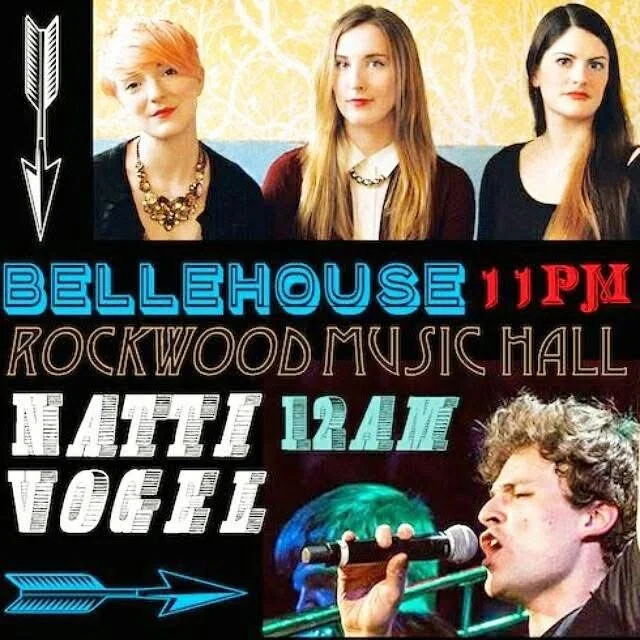 Three women seated at a table with a colorful background, and a male singer (Natti Vogel) performing with a microphone, with text promoting a concert at Bellehouse Rockwood Music Hall at 11 PM.