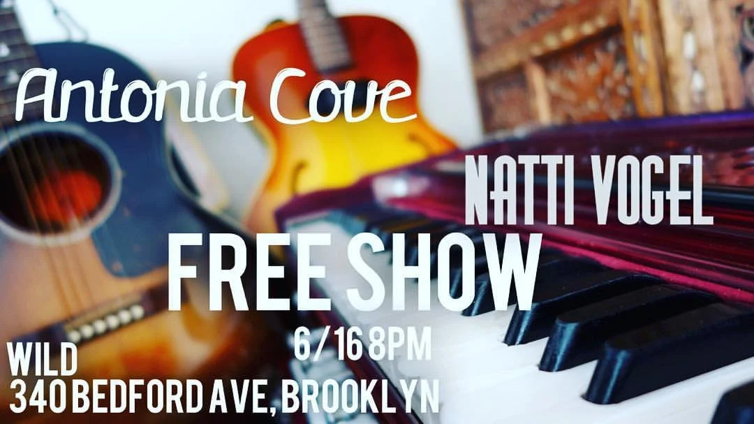 Guitar and piano keyboard with event details overlaid, promoting a free show by Antonia Cove and Natti Vogel on June 16 at 8 PM at 340 Bedford Ave, Brooklyn.