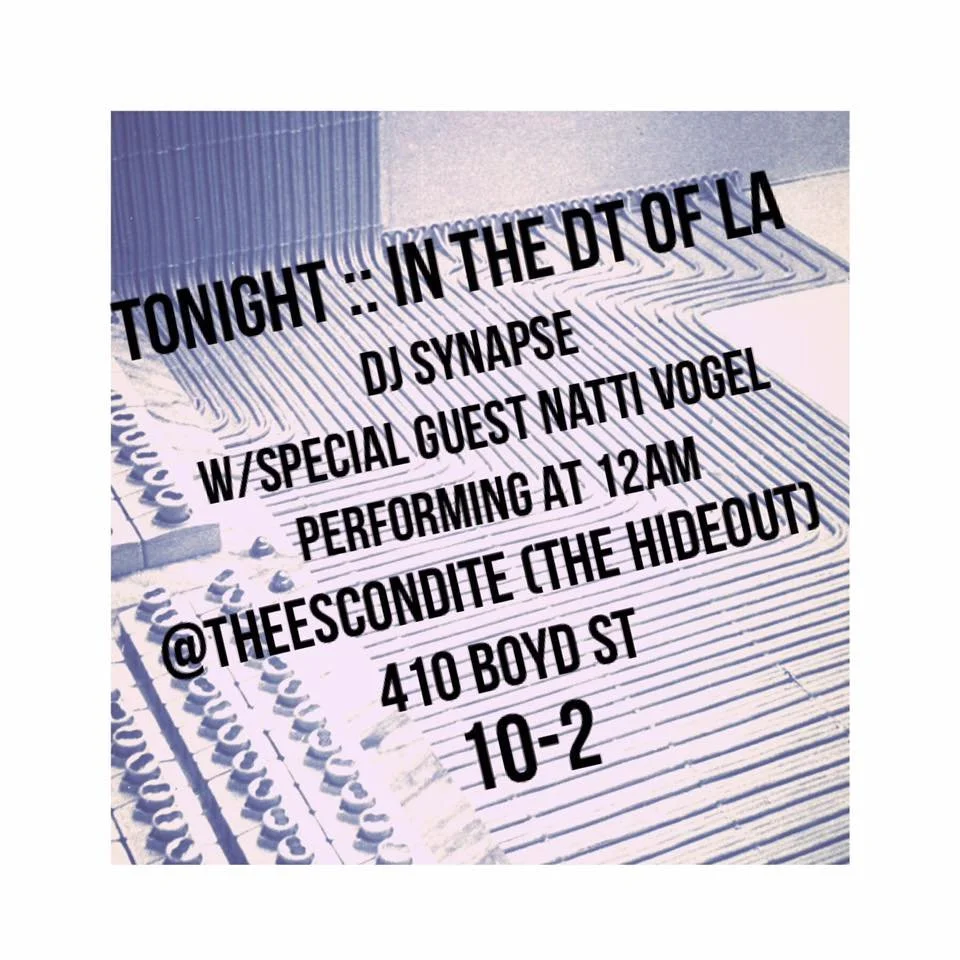 Event flyer with a background of a music mixing board and text announcing a nightlife event featuring DJ Synapse and special guest Natti Vogel, at Thee Conde, 410 Boyd St, from 10 PM to 2 AM.