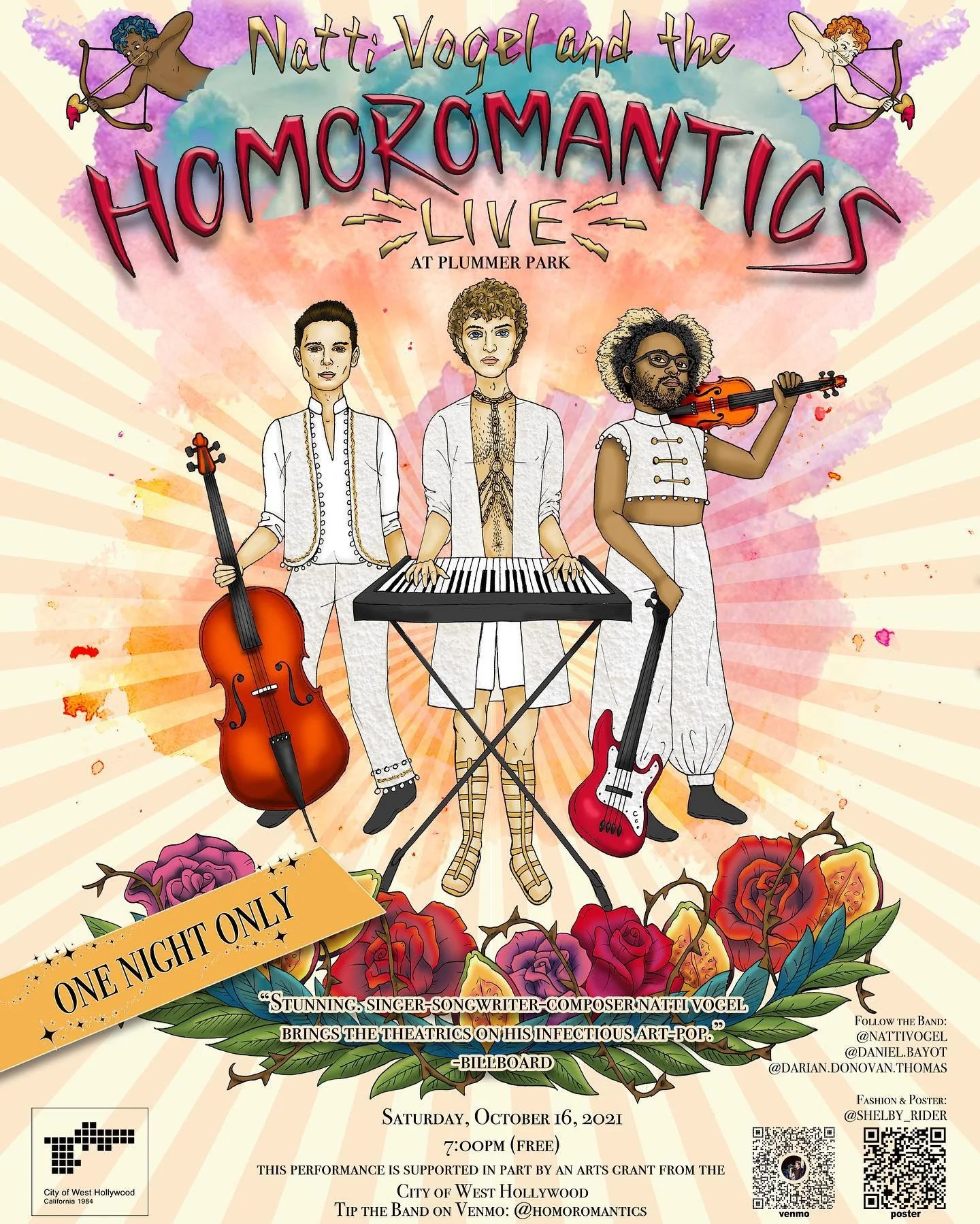 A colorful illustrated poster featuring the band Natti Vogel and the Homoromantics performing live at Plummer Park. The poster shows three band members: one with a cello, one at a keyboard, and one with a violin. The background has a pink and purple 