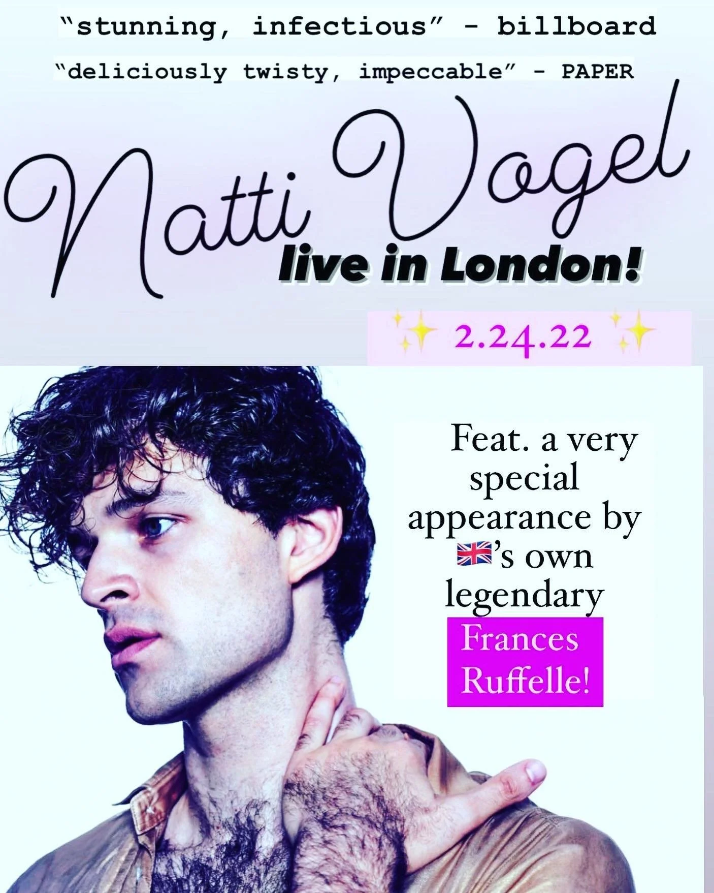 A promotional poster for Natti Vogel's live performance in London on February 24, 2022, featuring a large close-up photo of Natti Vogel with curly dark hair, pale skin, and a contemplative expression, including textual details about the event and a q