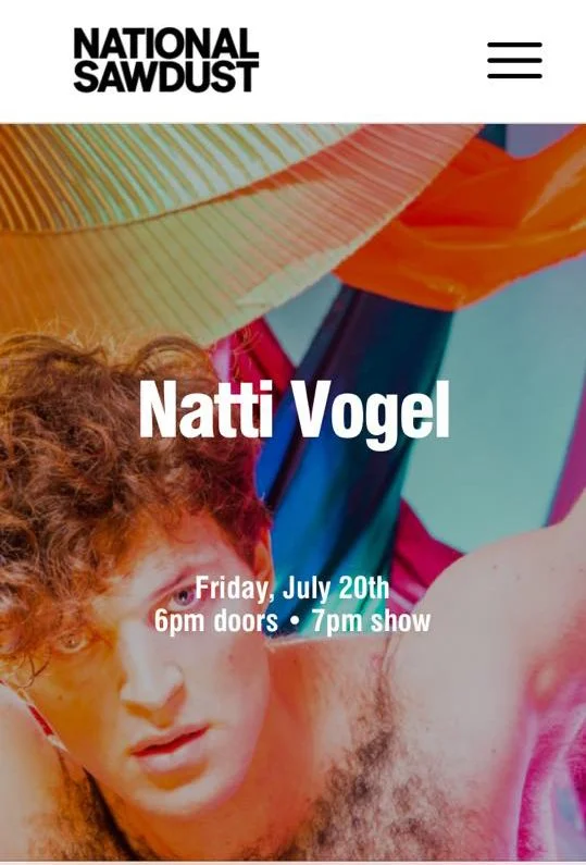 Event poster for Natti Vogel at the National Sawdust venue, featuring a colorful background with a close-up of a person with curly red hair and bare shoulder, details about the date, time, and location.