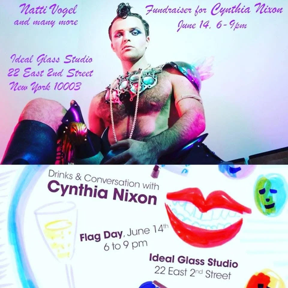 Event flyer featuring Natti with elaborate jewelry and makeup, promoting a fundraiser for Cynthia Nixon on June 14th from 6 to 9 pm at Ideal Glass Studio in New York, with artwork of a smiling face and info about drinks and conversation.