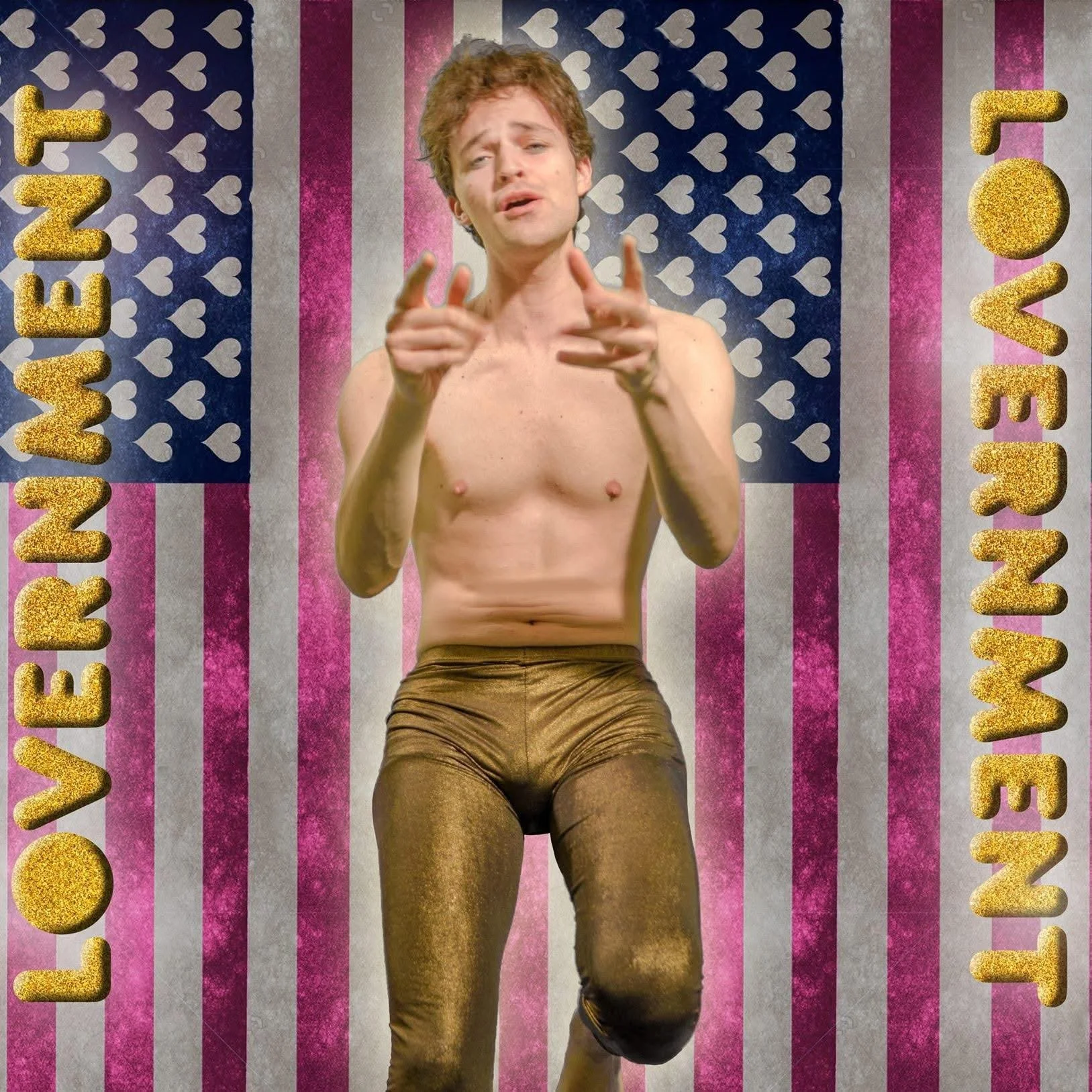A shirtless Natti Vogel with curly hair wearing shiny gold pants, standing in front of a background with the American flag and the words 'LOVE WITHIN ME' written in gold glitter.
