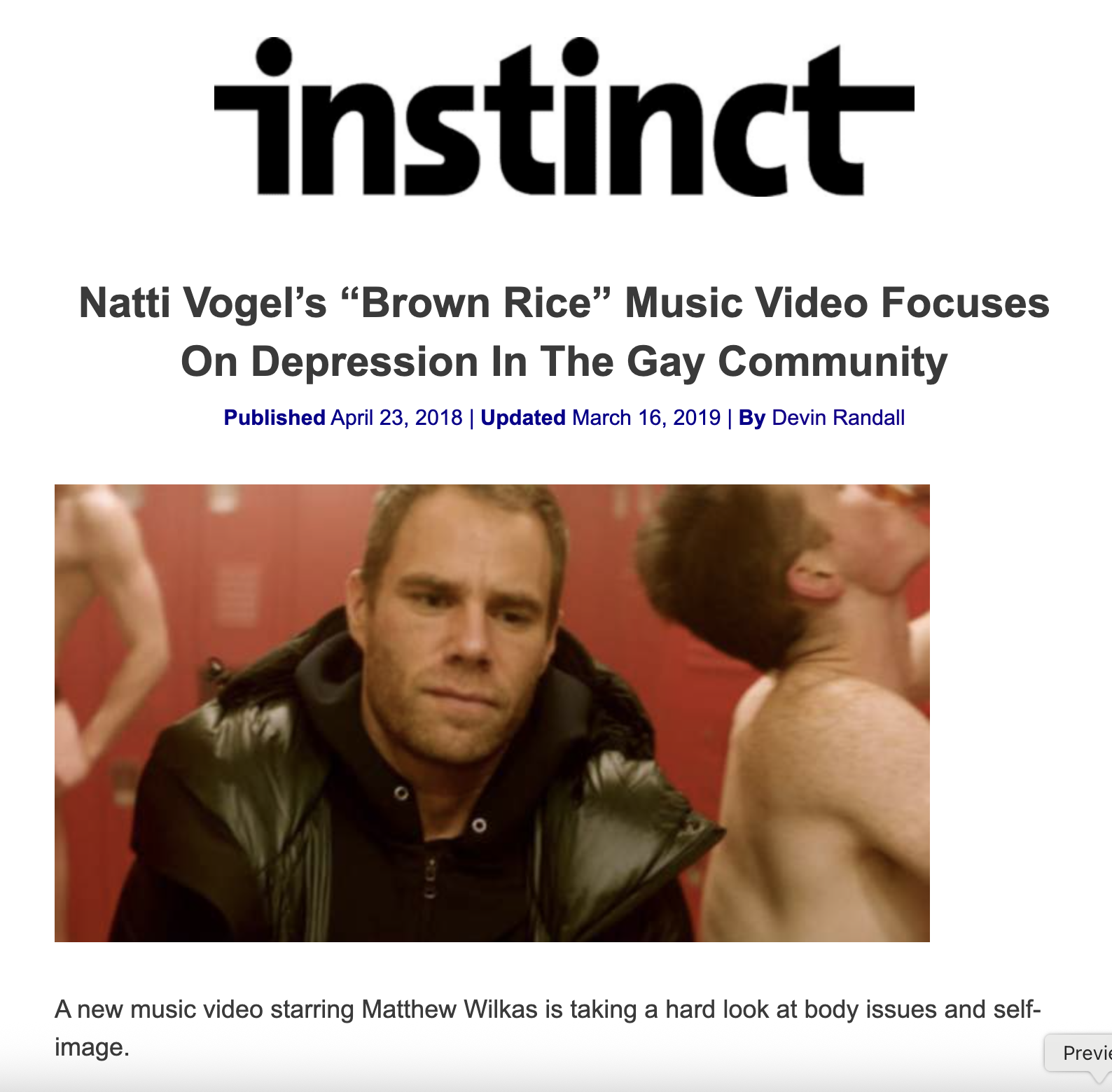 Screenshot of an online article titled "Natti Vogel's 'Brown Rice' Music Video Focuses On Depression In The Gay Community" featuring a scene from the music video with a man sitting in a locker room.