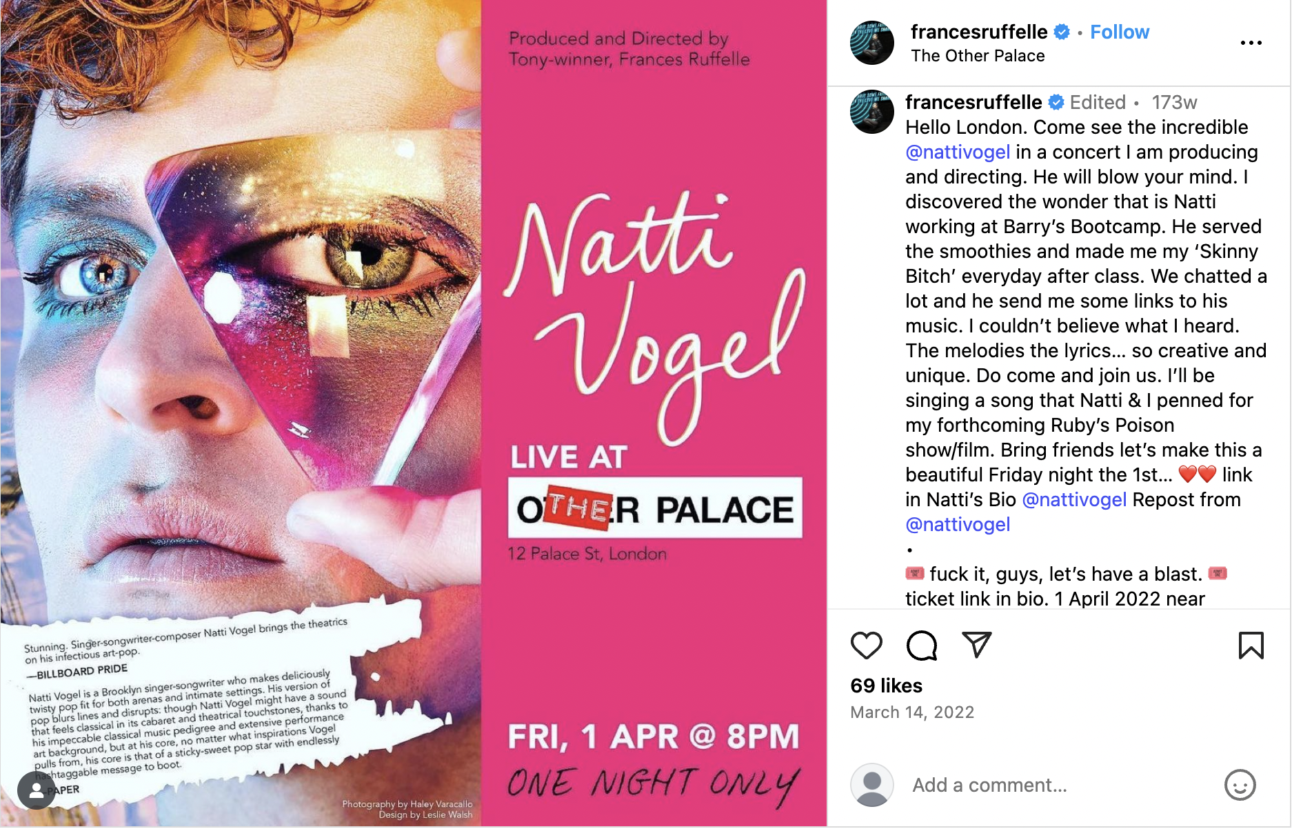 A promotional poster for an event featuring Natti Vogel performing live at The Other Palace in London. The poster includes a collage style image of Natti Vogel's face, with one eye visible behind glass. The background is pink with event details, date