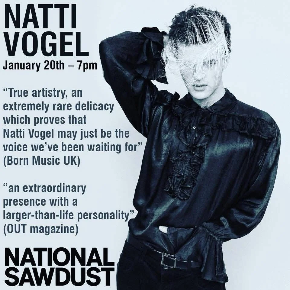Event poster featuring Natti Vogel scheduled for January 20th at 7 pm. Includes quotes praising Natti Vogel's artistry and presence, with a black and white photo of Natti Vogel wearing a dark ruffled shirt, against a light background.