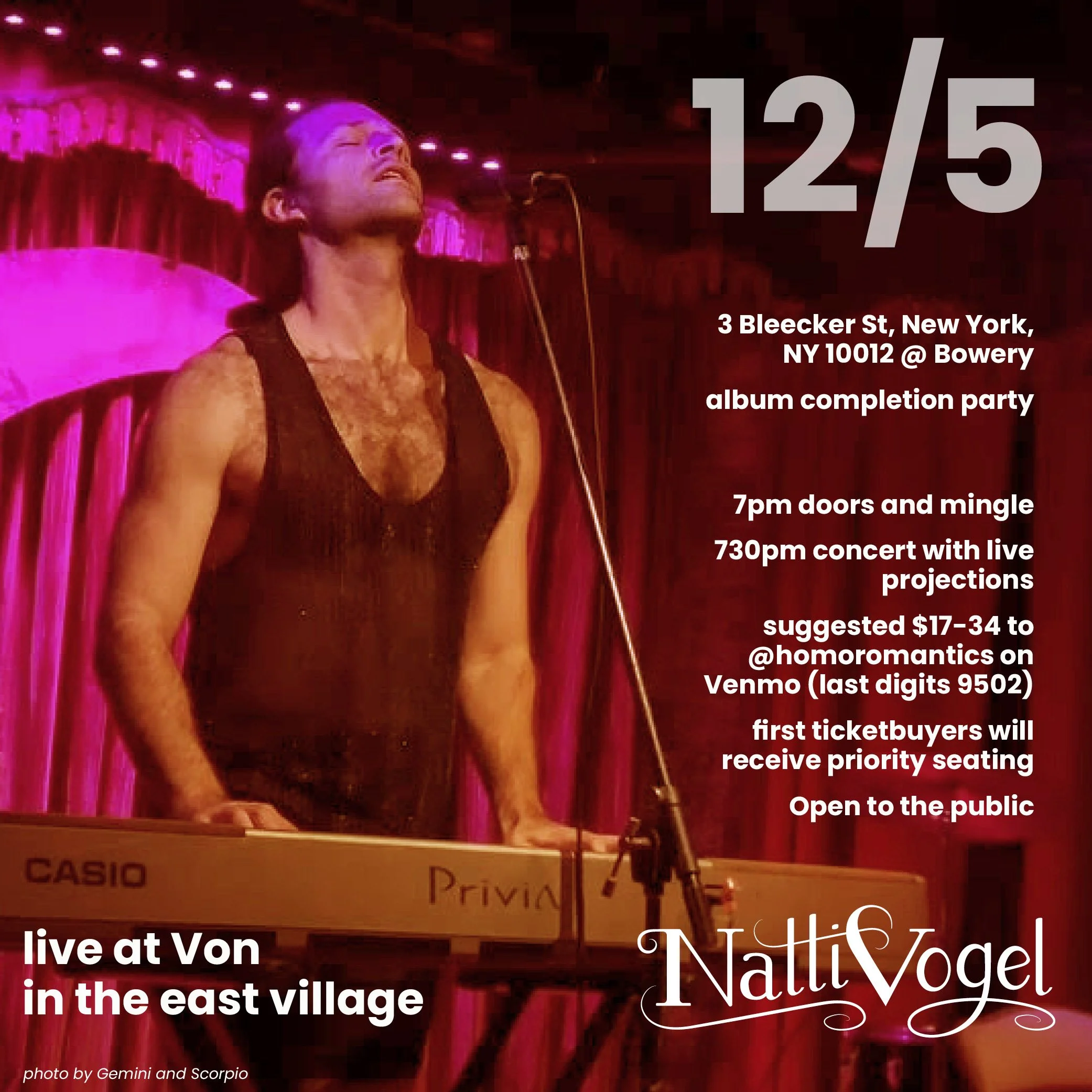 Natti Vogel playing a keyboard on stage, with a pink curtain and stage lights behind them. Text overlay announces a live music event with details about date, time, location, and ticketing, featuring artist NattivVogel at Von in the East Village.