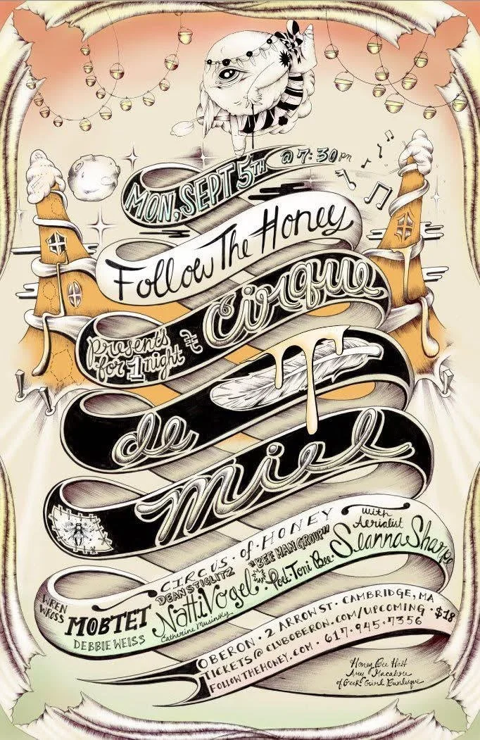 Hand-drawn illustrated poster for a circus event featuring a flying trapeze artist, circus tents, and colorful banners. The event is scheduled for Monday, September 5th, at 7:30 PM, and is presented by TLight. The poster includes details about ticket