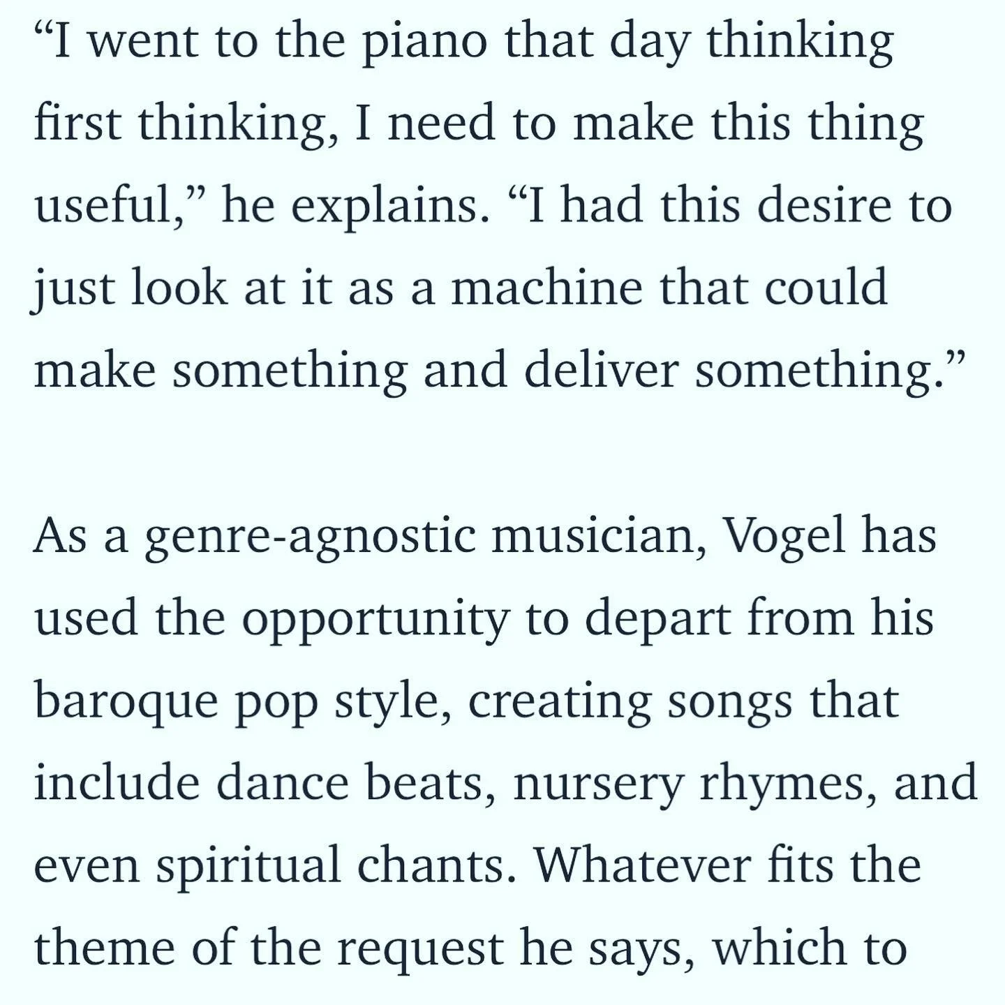 A page of text discussing a musician's focus on making music useful, mentioning Vogal creating songs with dance beats, nursery rhymes, and spiritual chants. Screenshot from Shondaland article. 