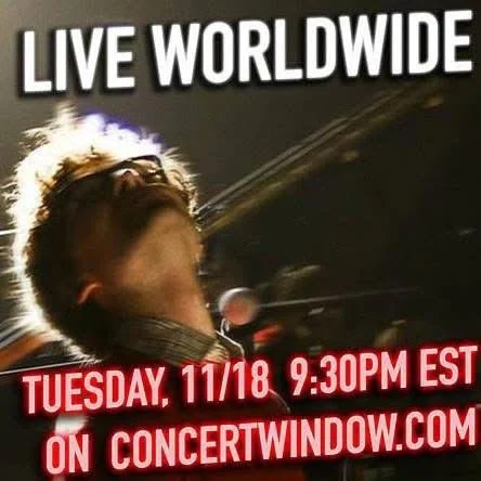 A person wearing headphones, head tilted back, with text announcing a live event on Tuesday, November 18 at 9:30 PM EST on concertwindow.com.