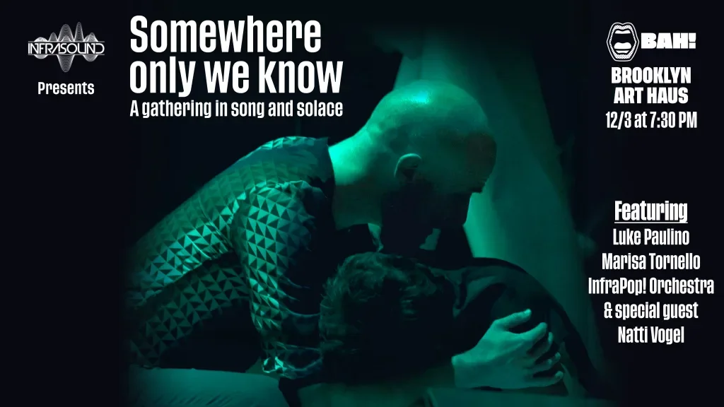 Event poster for 'Somewhere only we know,' a gathering in song and solace, at Brooklyn Art Haus on December 3rd at 7:30 PM, featuring Luke Paulino, Marisa Tornello, InfraPop! Orchestra, and guest Natti Vogel. By Infrasound in Brooklyn, NYC