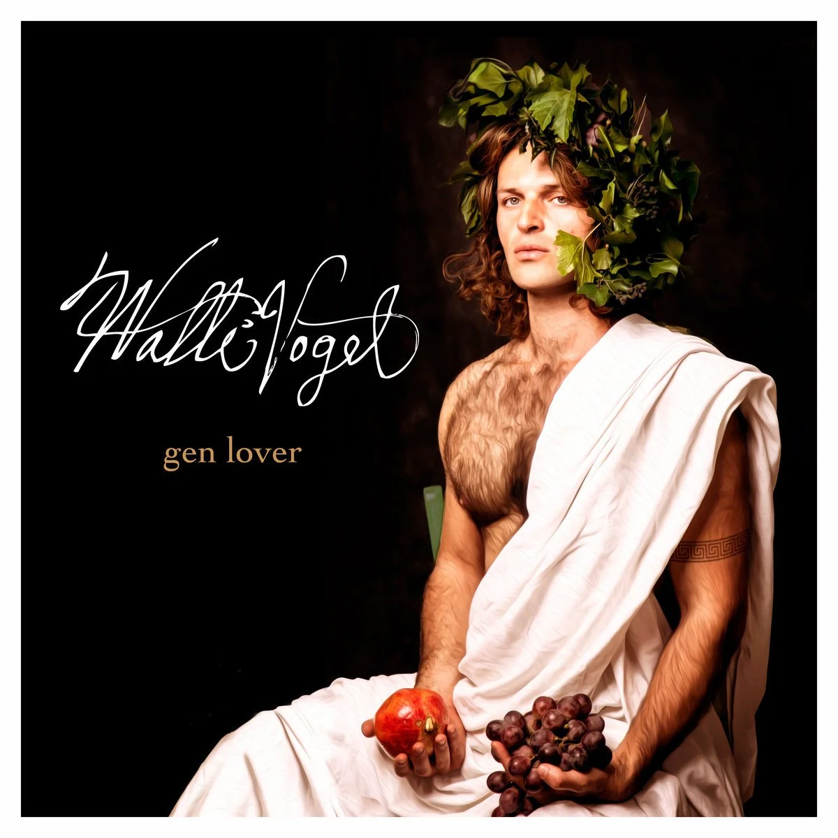 Natti Vogel dressed as a classical Greek philosopher, wearing a white toga and a leafy wreath on their head, sitting against a dark background. They are holding an apple in one hand and grapes in the other. Text says "gen lover"