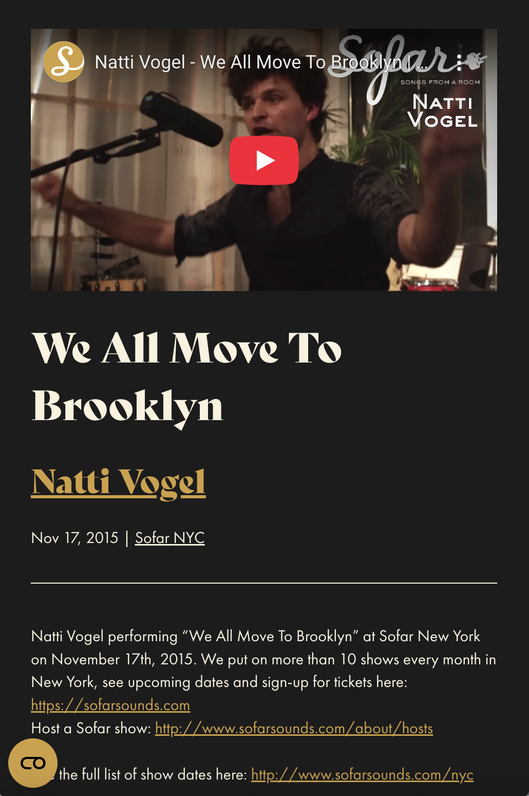 Screenshot of a webpage promoting Natti Vogel's music performance titled "We All Move To Brooklyn" at Sofar NYC on November 17, 2015. The page features a photo of Natti Vogel singing into a microphone, in a dimly lit room with a drum set behind him, 