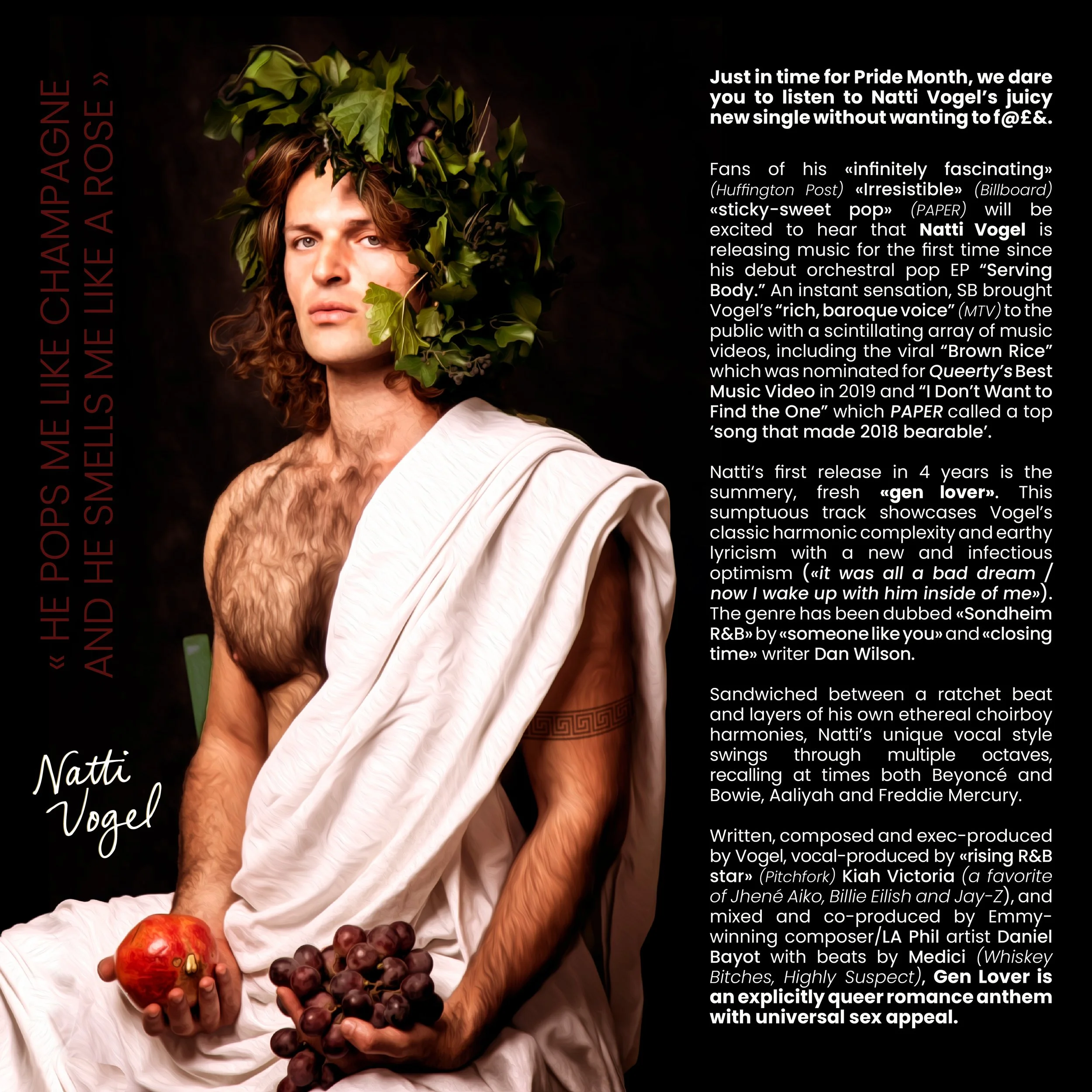Natti Vogel dressed as a classical Greek philosopher, wearing a white toga with foliage on their head, holding an apple and a bunch of grapes. The image has a dark background with red and white text about singer Natti Vogel and his music.