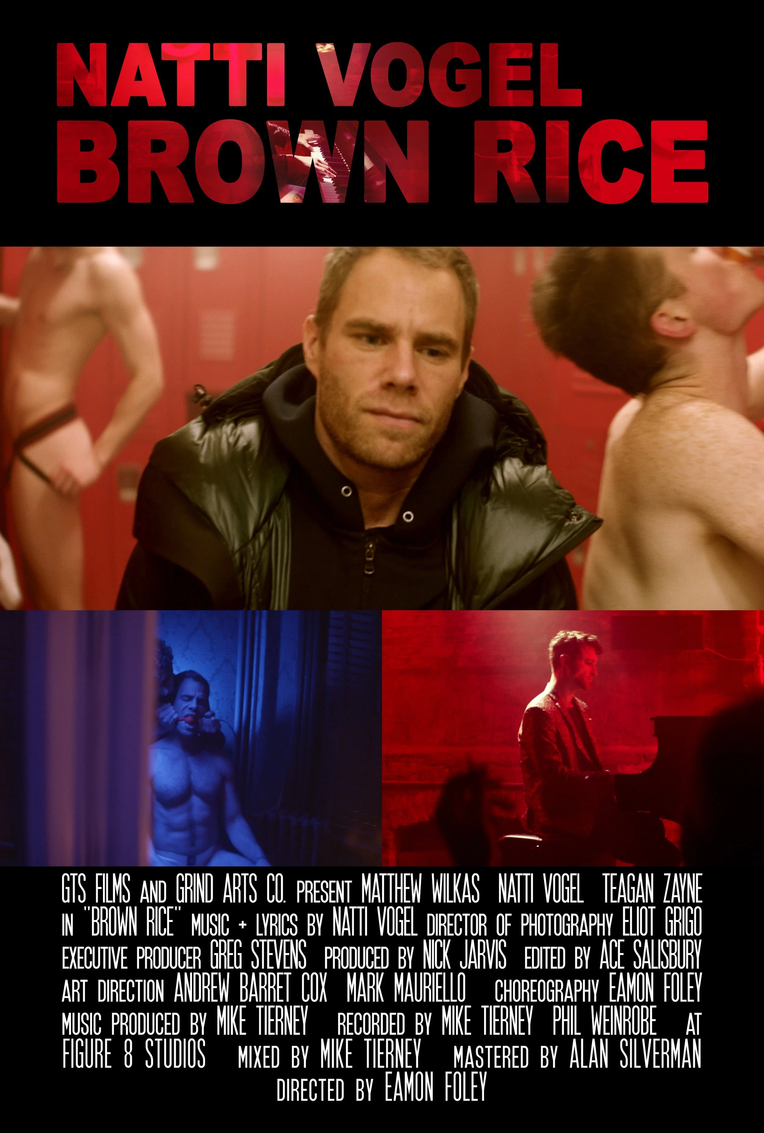 Poster for Natti Vogel's 'Brown Rice' music video, featuring actor Matthew Wilkas in a locker room with shirtless men, and scenes with a shirtless man on the phone and a pianist in red lighting, with credits at the bottom.
