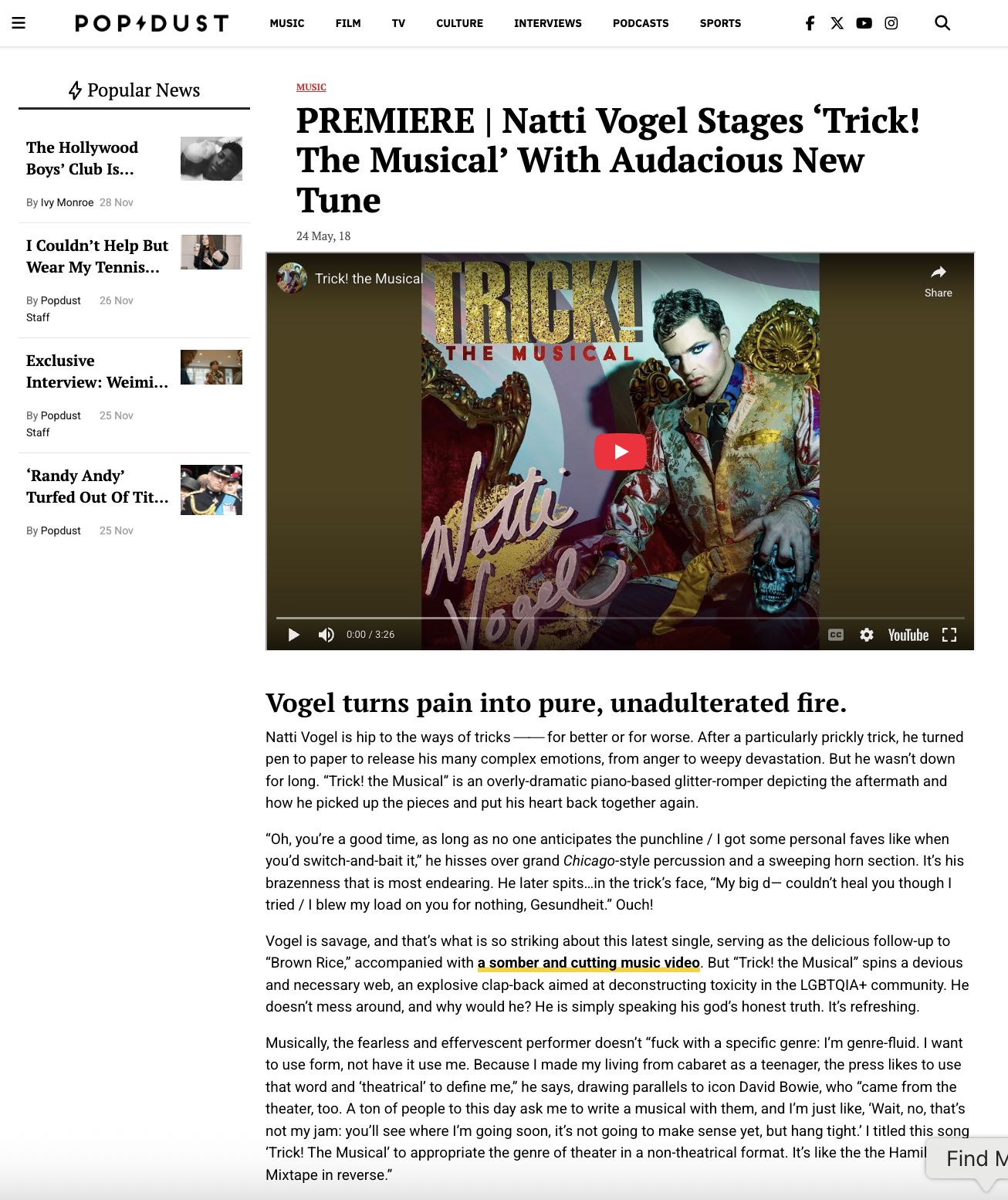 A webpage from Popdust featuring news about Natti Vogel's musical 'Trick'. The page includes a video thumbnail with a person dressed in colorful, patterned clothing holding a skull, and a headline about the musical's premiere.
"TRICK! The Musical"