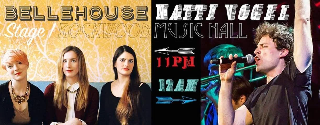 Split poster with a group of three women on the left side against a yellow background, and a young Natti Vogel singing into a microphone on the right side against a stage background.