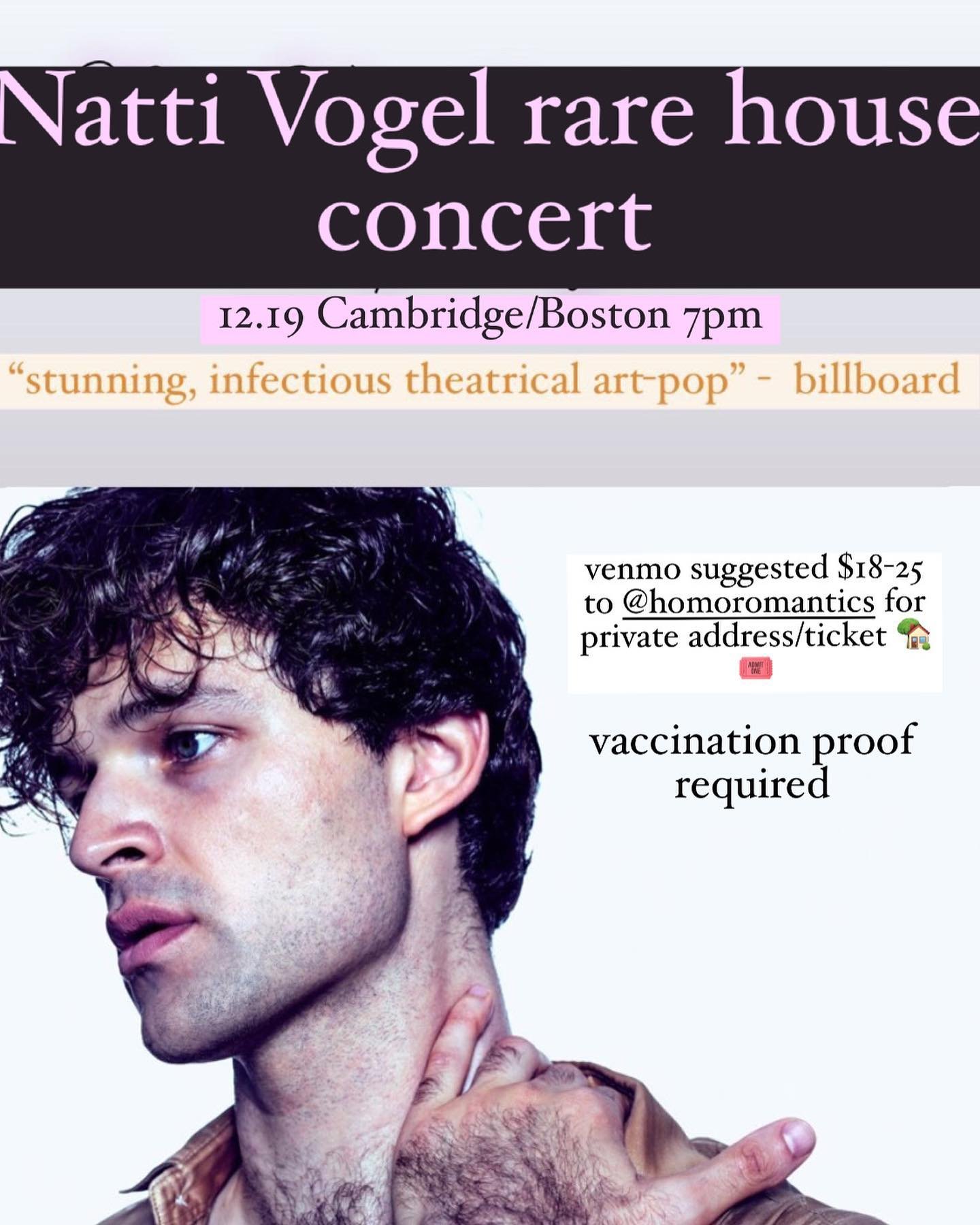 Poster for Natti Vogel's rare house concert on December 19th in Cambridge/Boston at 7 pm, featuring a quote praising the performance as 'stunning, infectious theatrical art-pop'. The poster includes a photo of a man with curly dark hair and blue eyes