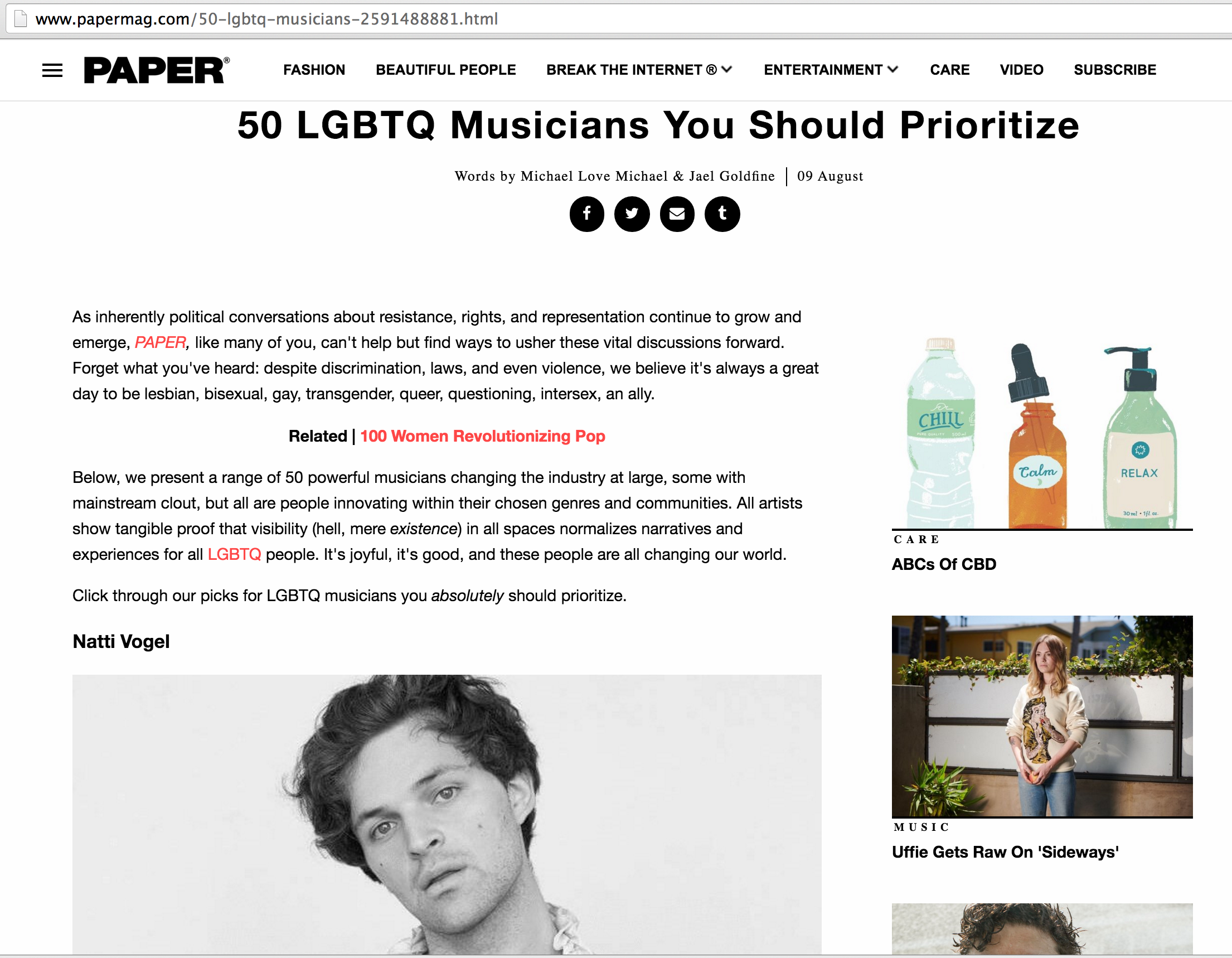 Page from a website titled '50 LGBTQ Musicians You Should Prioritize' from PAPER Magazine.