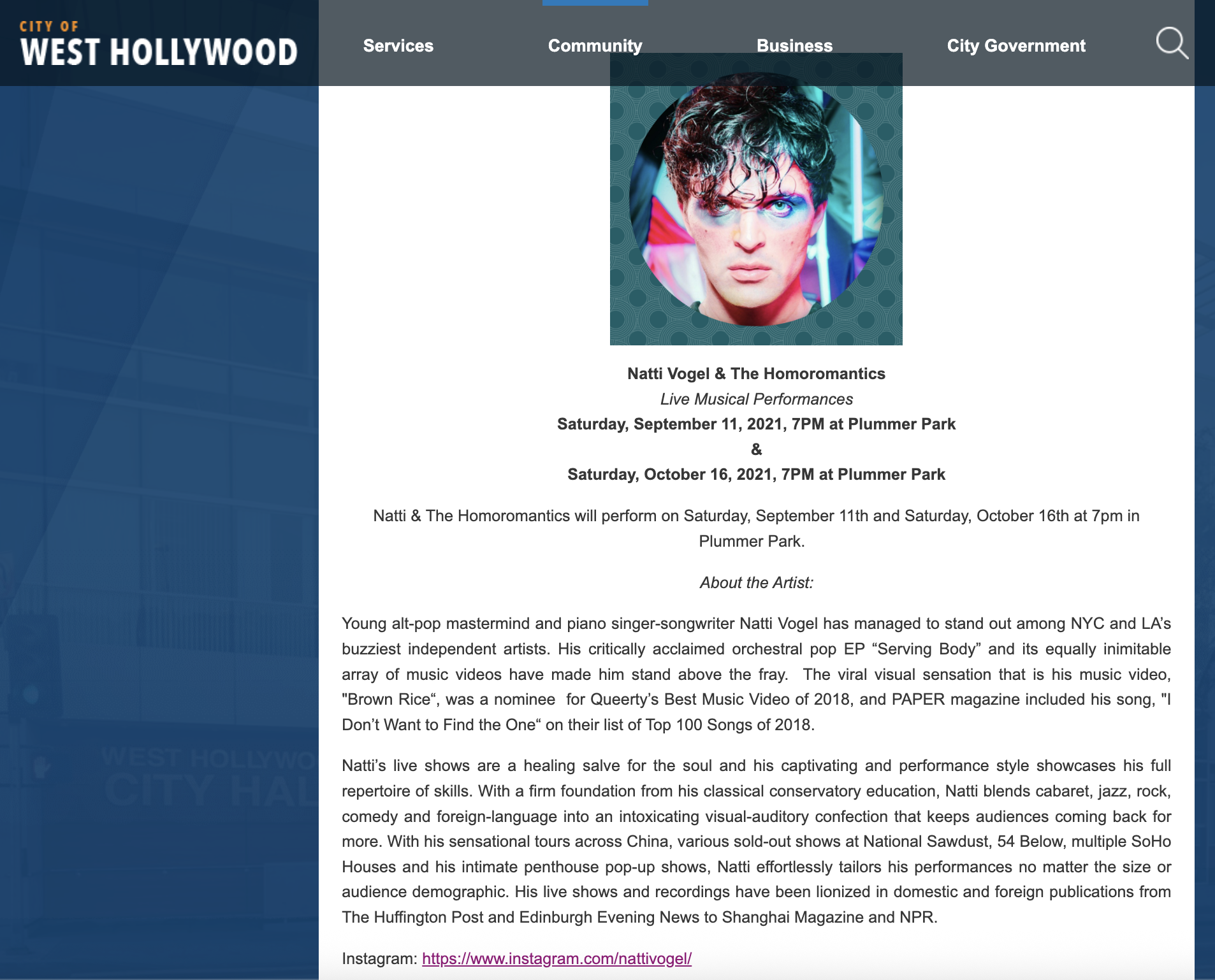 Website screenshot of Natti Vogel & The Homoromantics live musical performances at WEHO on September 11 and October 16, 2021, at Plummer Park, featuring a portrait of Natti Vogel with colorful makeup and curly hair.