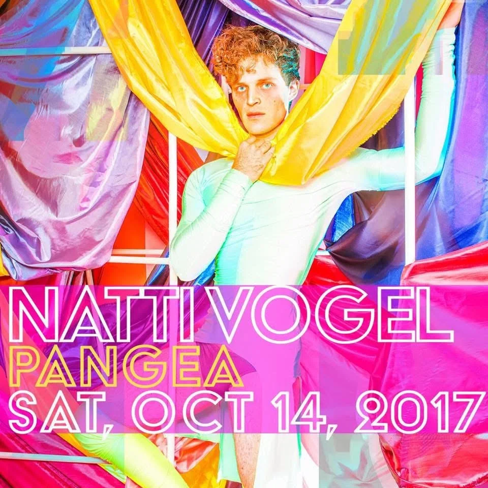 Promotional poster for Natti Vogel Pangea concert on Saturday, October 14, 2017, featuring a young man with curly hair and blue eyes, artistically posed among colorful fabrics and curtains.