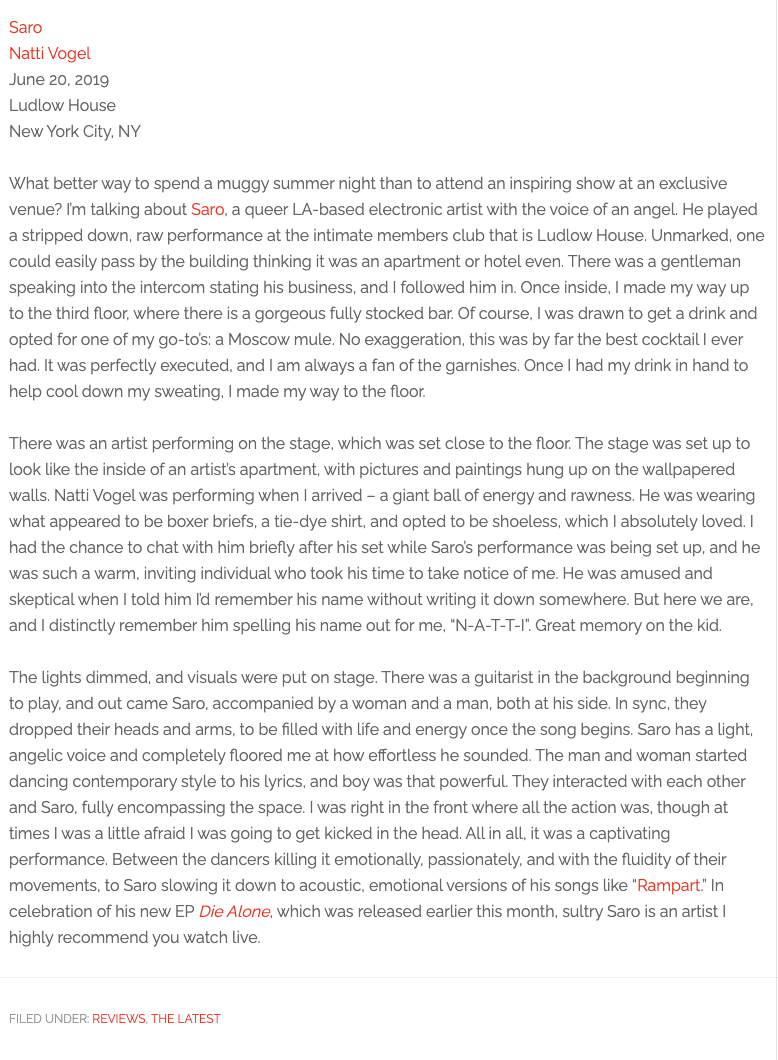 Review of a live music show featuring artist Saro and Natti Vogel, with descriptions of performances, artists, and atmosphere at Ludlow House in New York City on June 20, 2019.