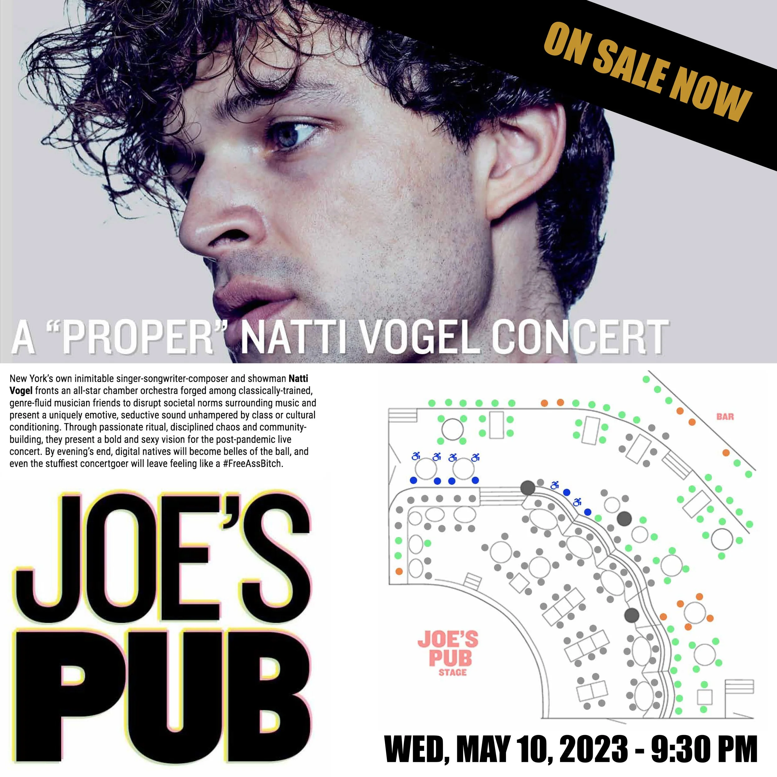 Promotional poster for Natti Vogel's concert at Joe's Pub on May 10, 2023, featuring a close-up image of Natti Vogel, a layout of the venue seating, and text with event details.