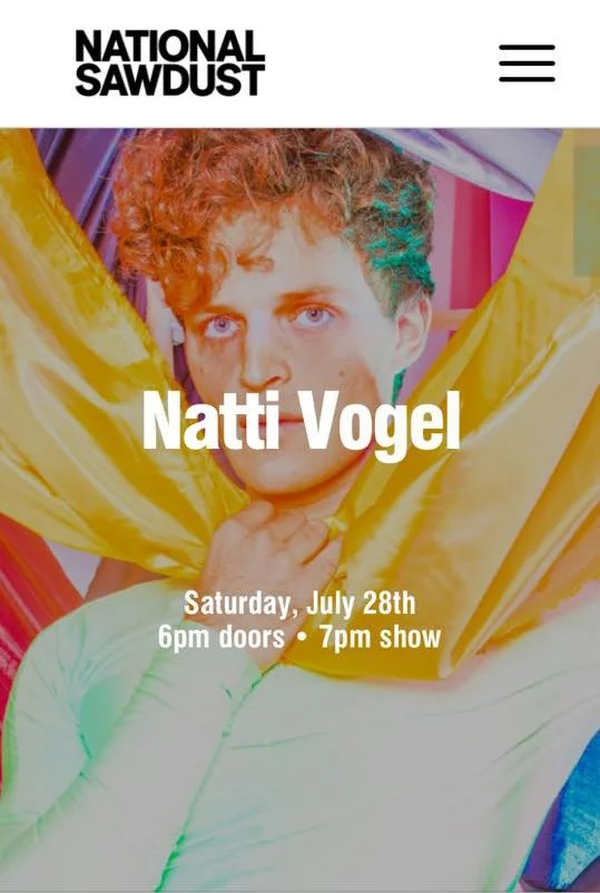 Event flyer for National Sawdust featuring Natti Vogel, scheduled for Saturday, July 28th, with doors opening at 6 pm and the show starting at 7 pm.