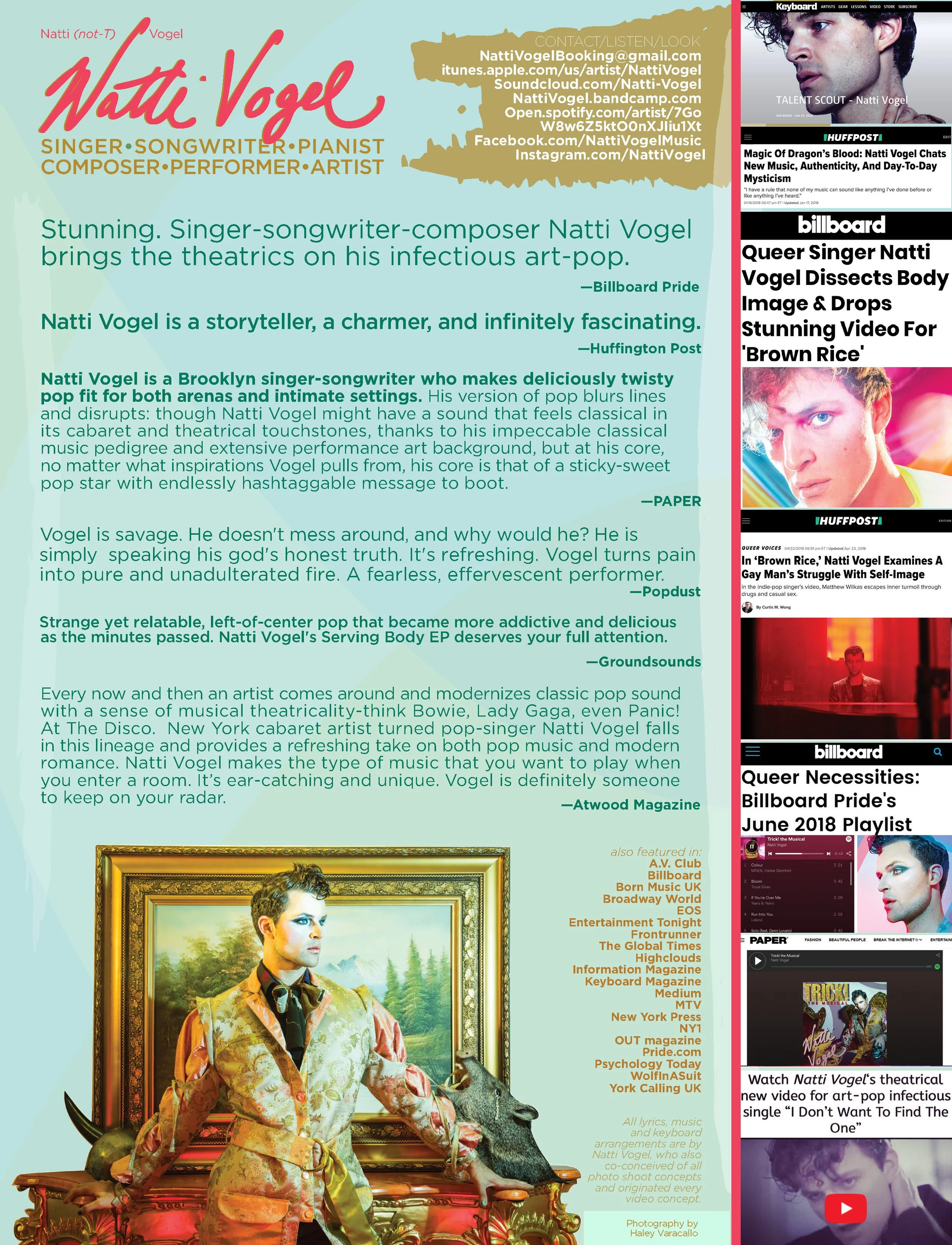 A promotional flyer for Natti Vogel displaying their biography, social media links, and quotes from various publications. The flyer features a colorful border with a photo of Natti Vogel in a decorative frame at the bottom left, dressed in an ornate outfit with a serious expression, and holding a cat. The right side of the flyer shows a vertical strip of news headlines and images related to Natti Vogel.