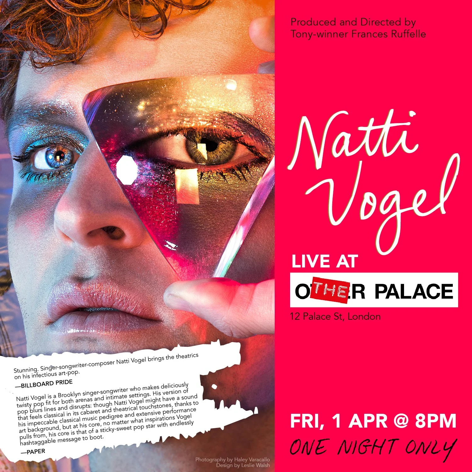 Promotion poster for Natti Vogel's live performance at The Other Palace, London, on April 1 at 8 PM, featuring a close-up of Natti's face holding a glass with a reflection of his eye, and vibrant pink background with event details.