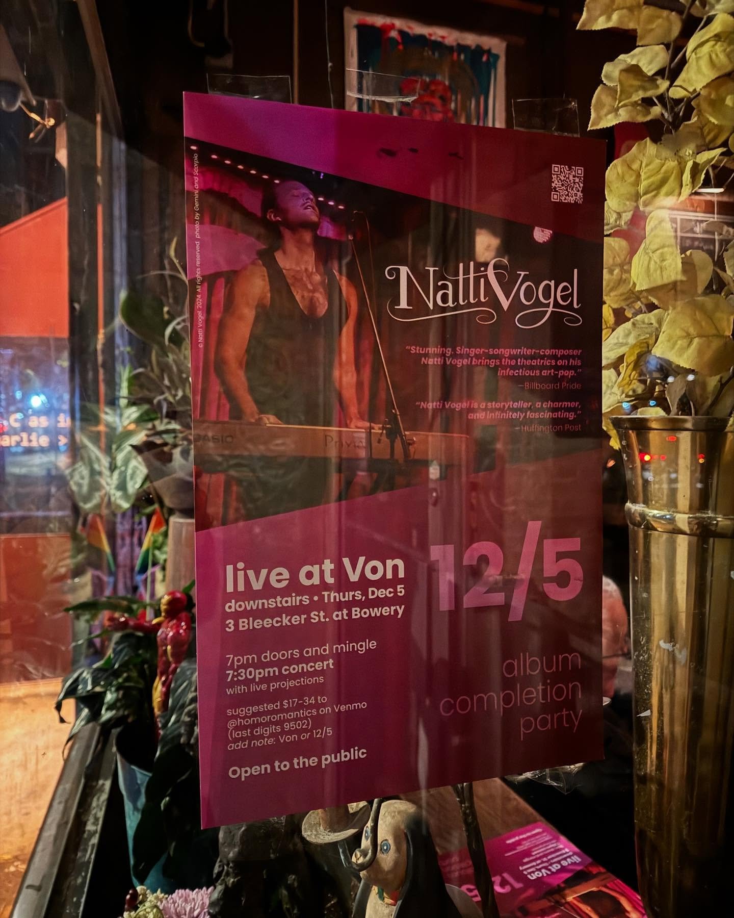 Poster advertising a live music event featuring Natti Vogel at Von downstairs on December 5th. The poster includes an image of Natti Vogel performing, with details about the date, time, location, and ticket information.