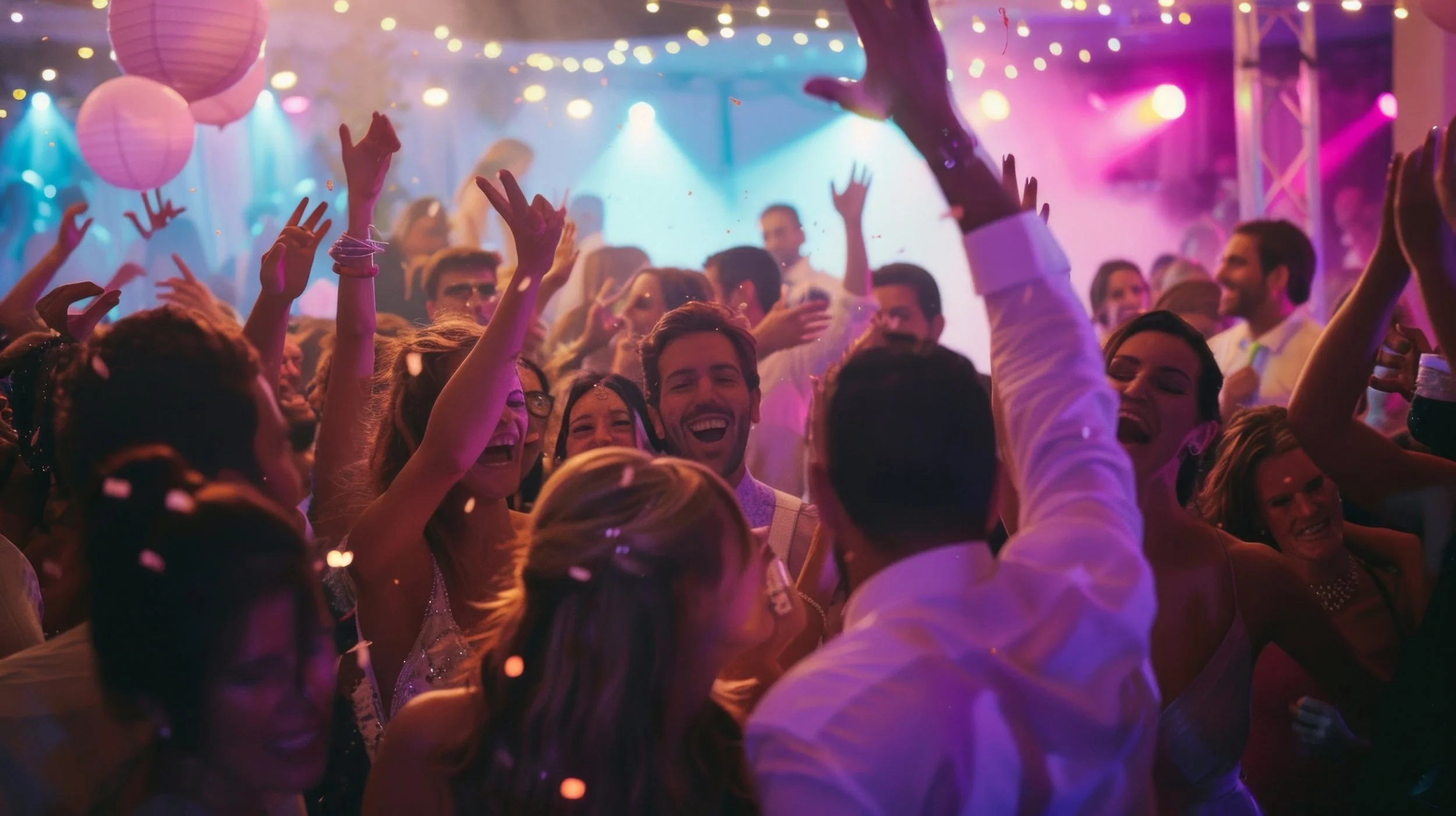 People dancing and celebrating at a vibrant Wedding Disco Party with colourful lights, balloons, and confetti.