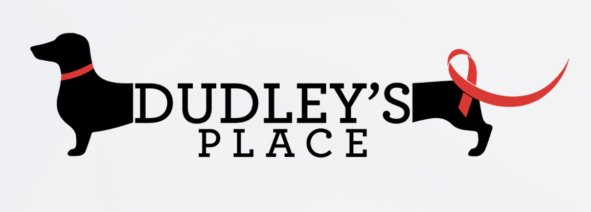 Logo for Dudley's Place featuring two black dachshund silhouettes with red ribbon accessories, and the text 'Dudley's Place' in a stylized font.