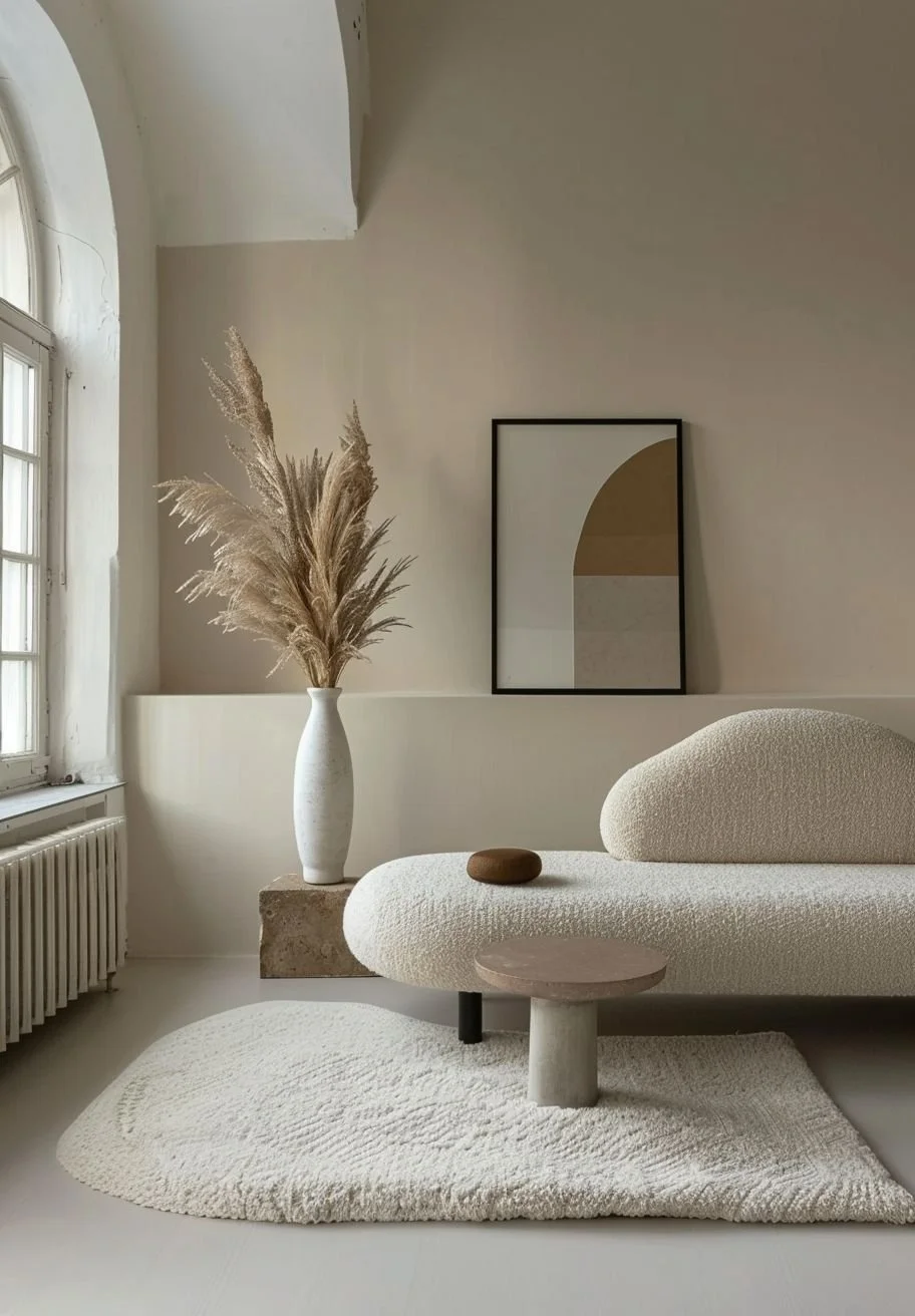 Minimalist living room with a cream textured sofa, a small round wooden side table, a large white rug, a tall white vase with dried pampas grass, a framed abstract art piece, a window with white frames, and a radiator.