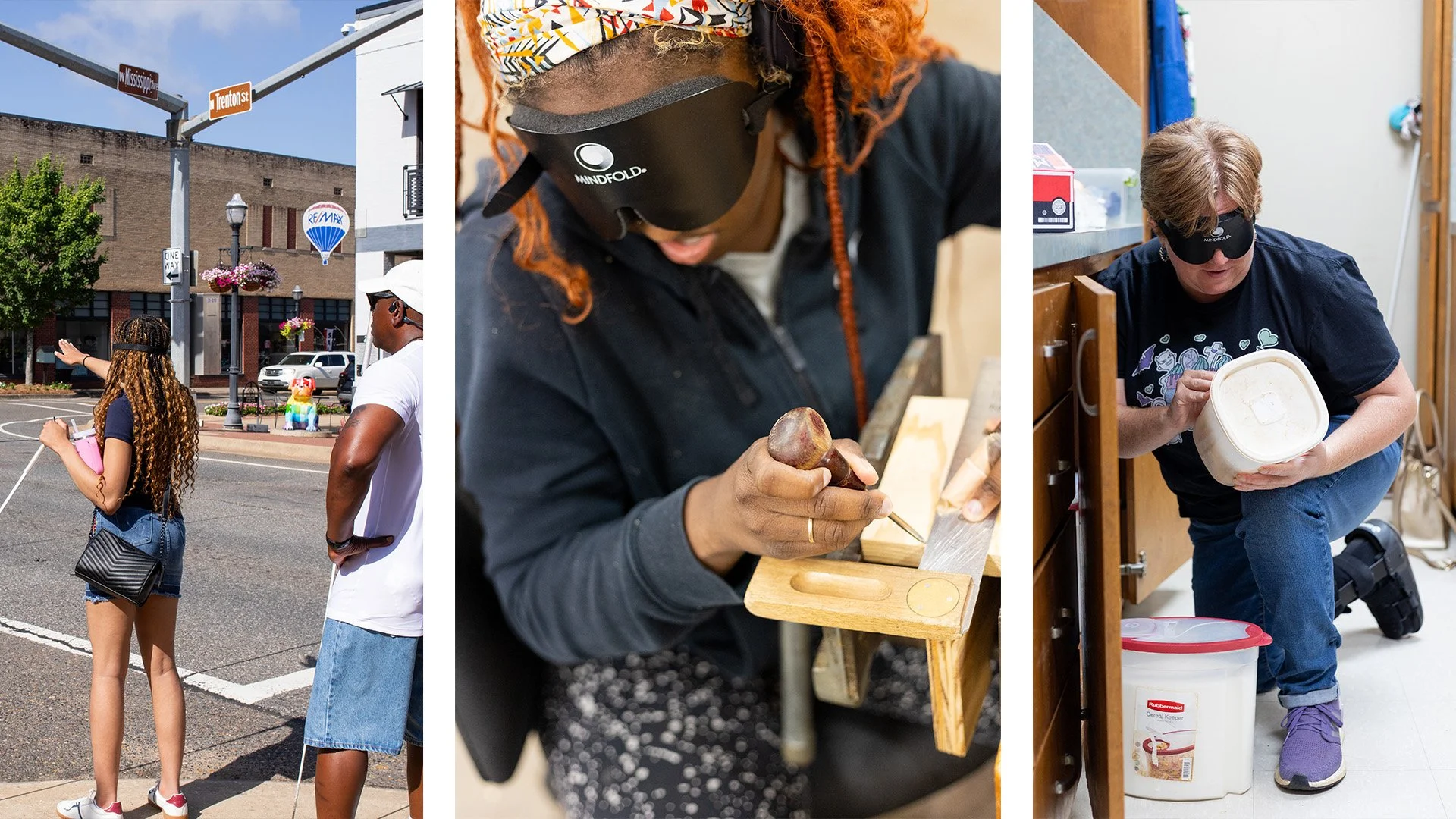 Trio of Photos. Student Preparing to Cross the Street. Student Working on a project in industrial arts. Student gathers ingredients in home management class.