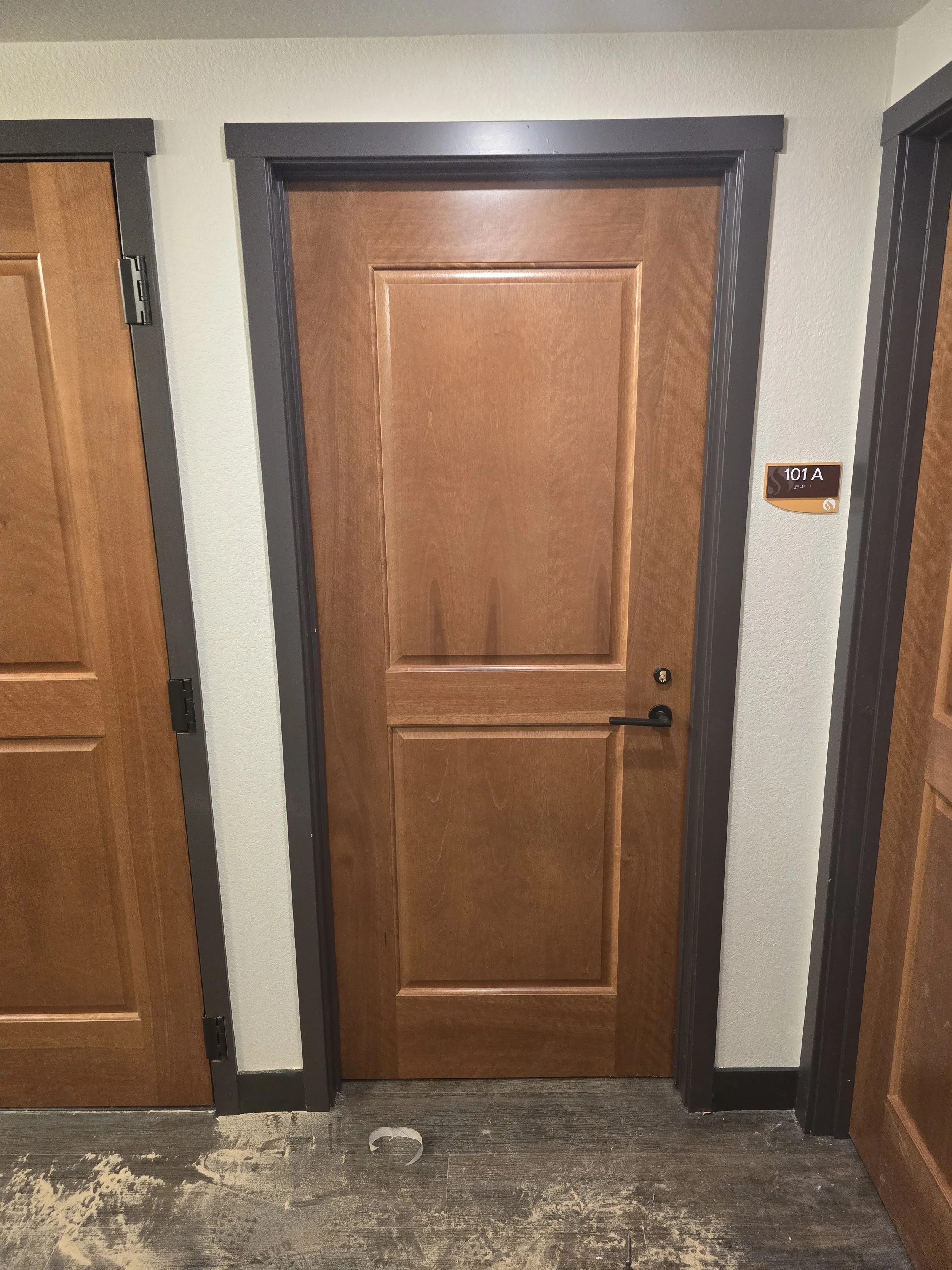 Wooden door with black handle and a room number sign '101 A' on the wall next to it, in an indoor hallway.