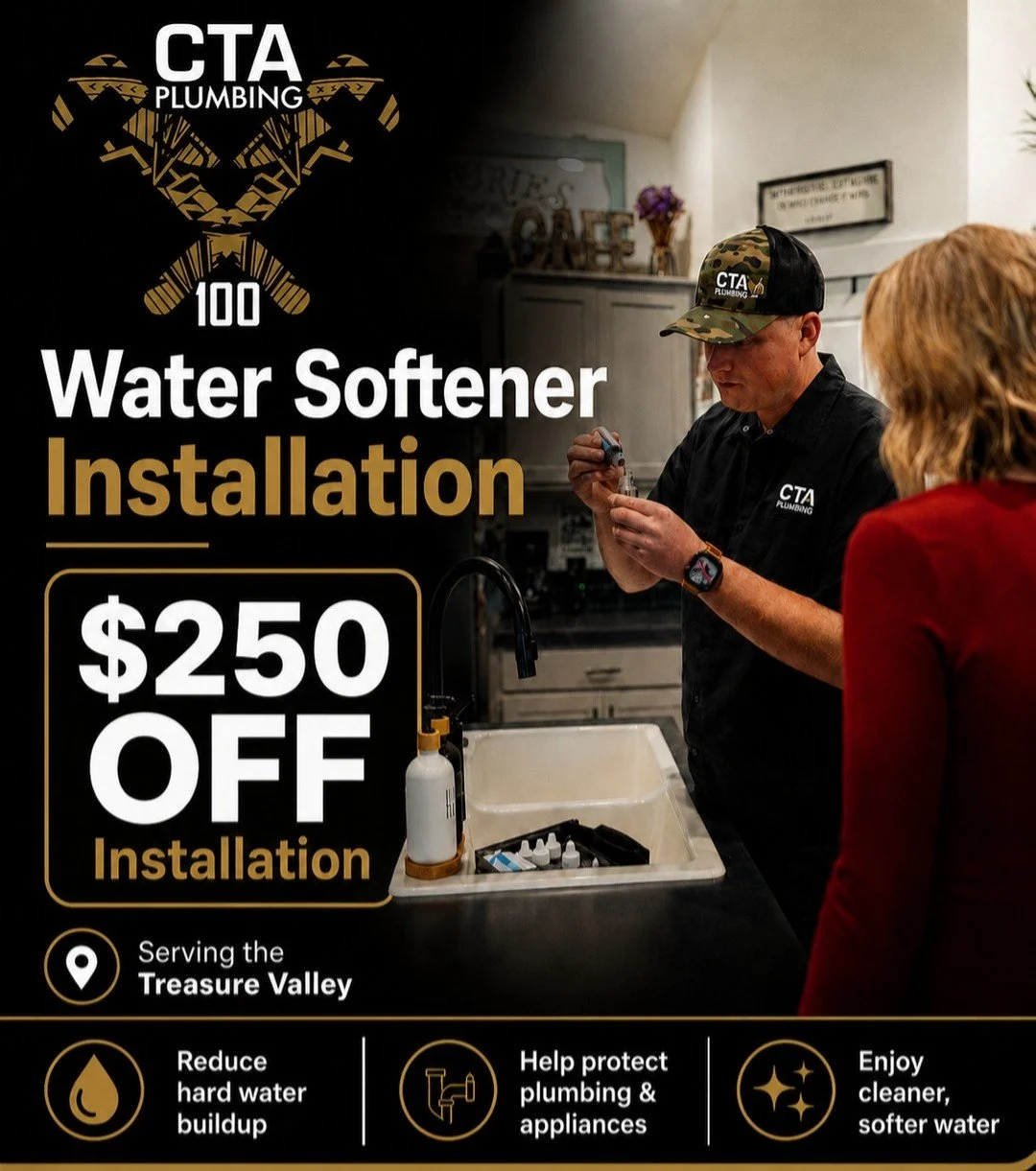 Treasure Valley homeowners know hard water is no joke.

From spots on dishes and buildup around fixtures to dry skin, dull laundry, and wear on your plumbing system, hard water can create problems you deal with every single day.

That&rsquo;s why CTA