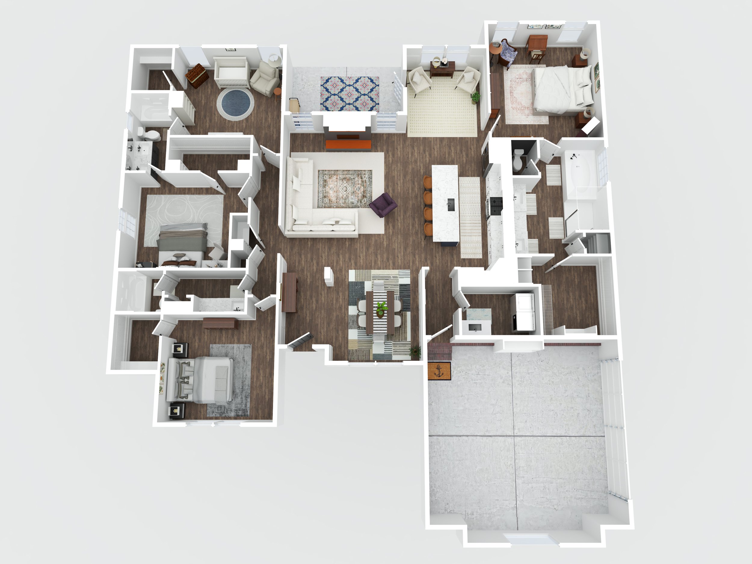 3D floor plan of a single-story house with a garage, living room, kitchen, dining area, three bedrooms, two bathrooms, an office, and a laundry room.