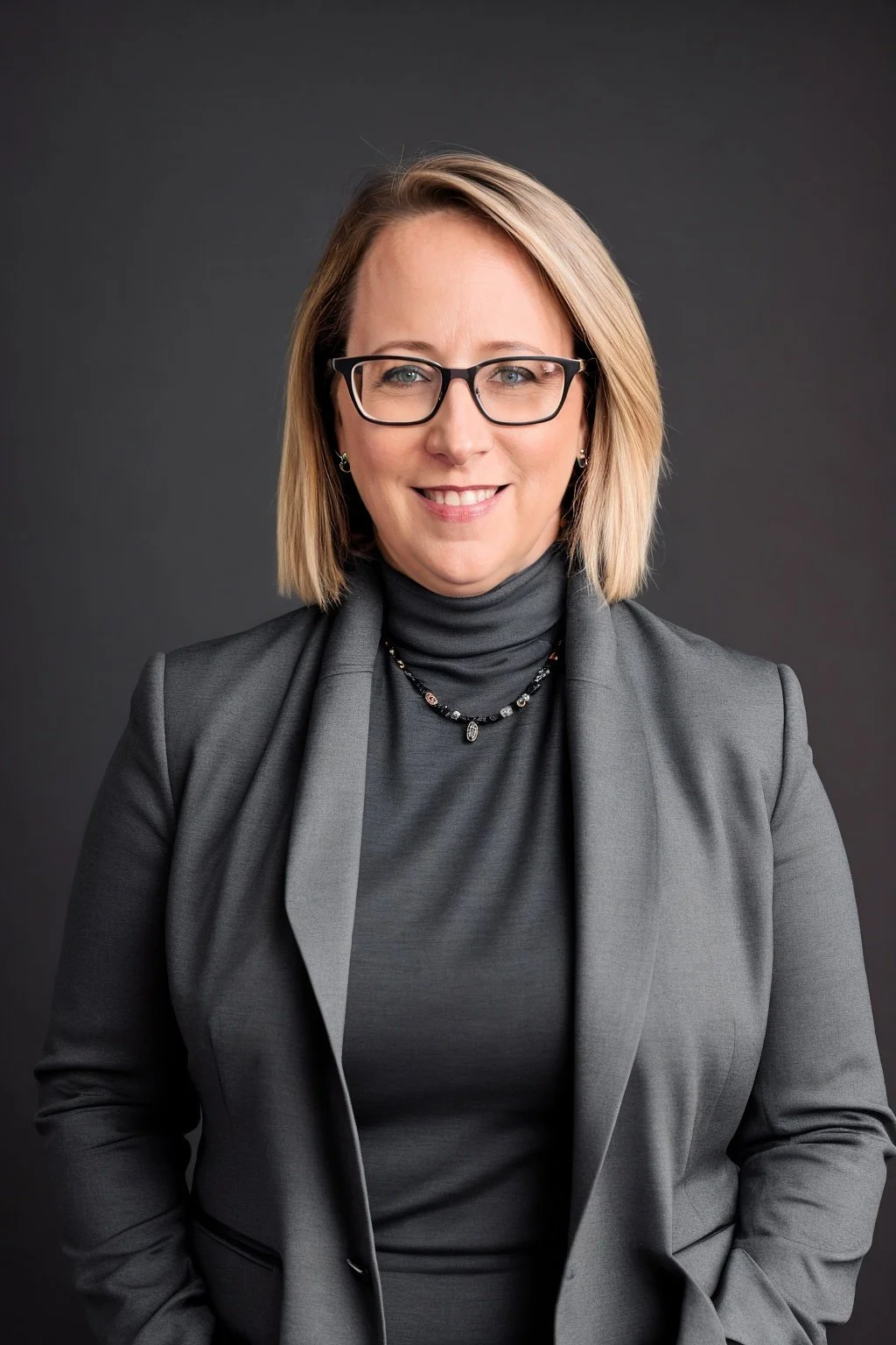 Portrait of a woman with blonde hair, black glasses, wearing a gray blazer and turtleneck, smiling against a dark background.