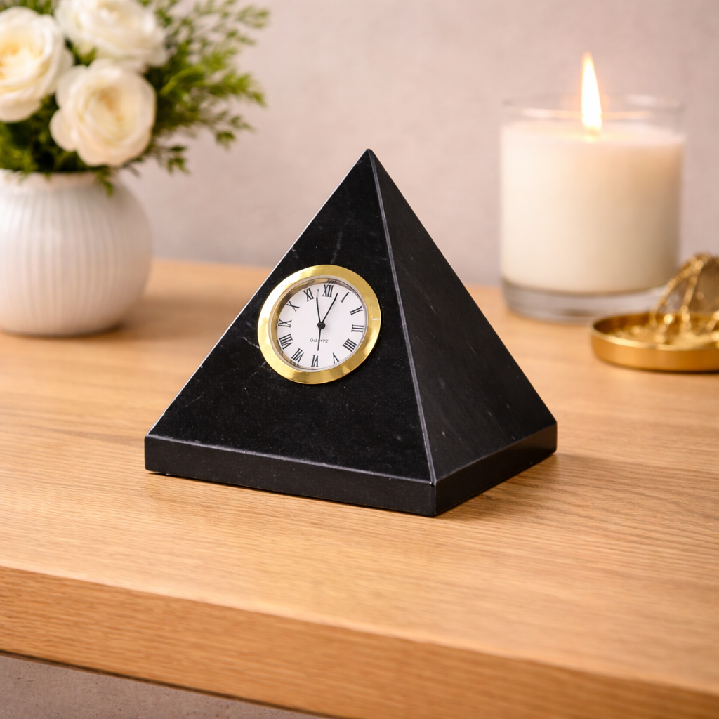 Executive Hand-Polished Black Marble Pyramid Desk Clock, Geometric Stone Timepiece