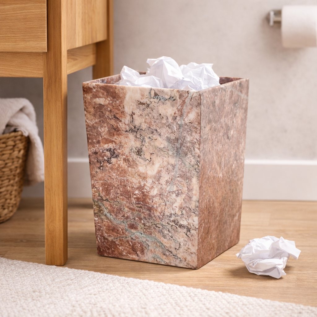 Luxurious Hand-Carved Pink Marble Wastebasket, Premium Natural Stone Round Trash Can for Vanity