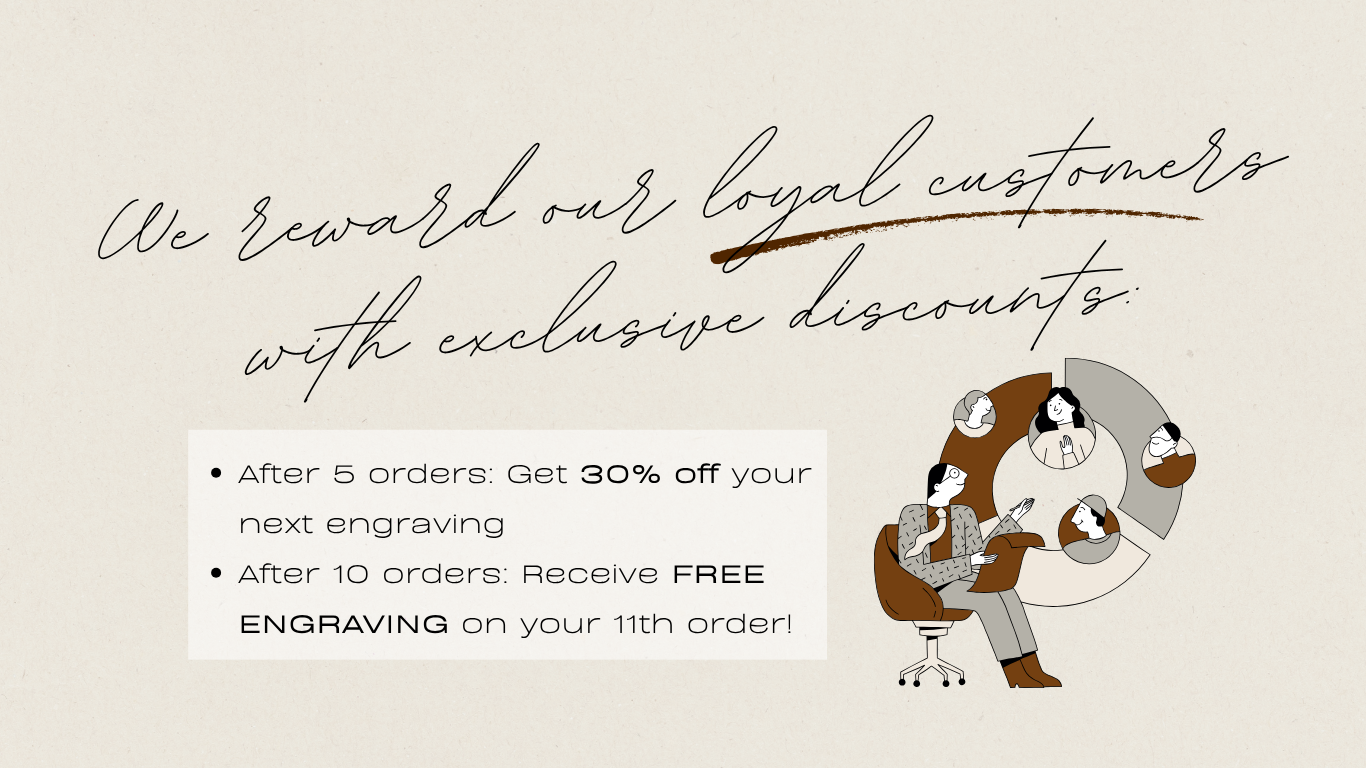 A promotional graphic offering loyalty rewards for a business that provides engraving services. The text states rewards after multiple orders, including discounts and free engraving. An illustration depicts a person sitting at a desk, working on a tablet, with a circle of illustrated faces of diverse women around her.