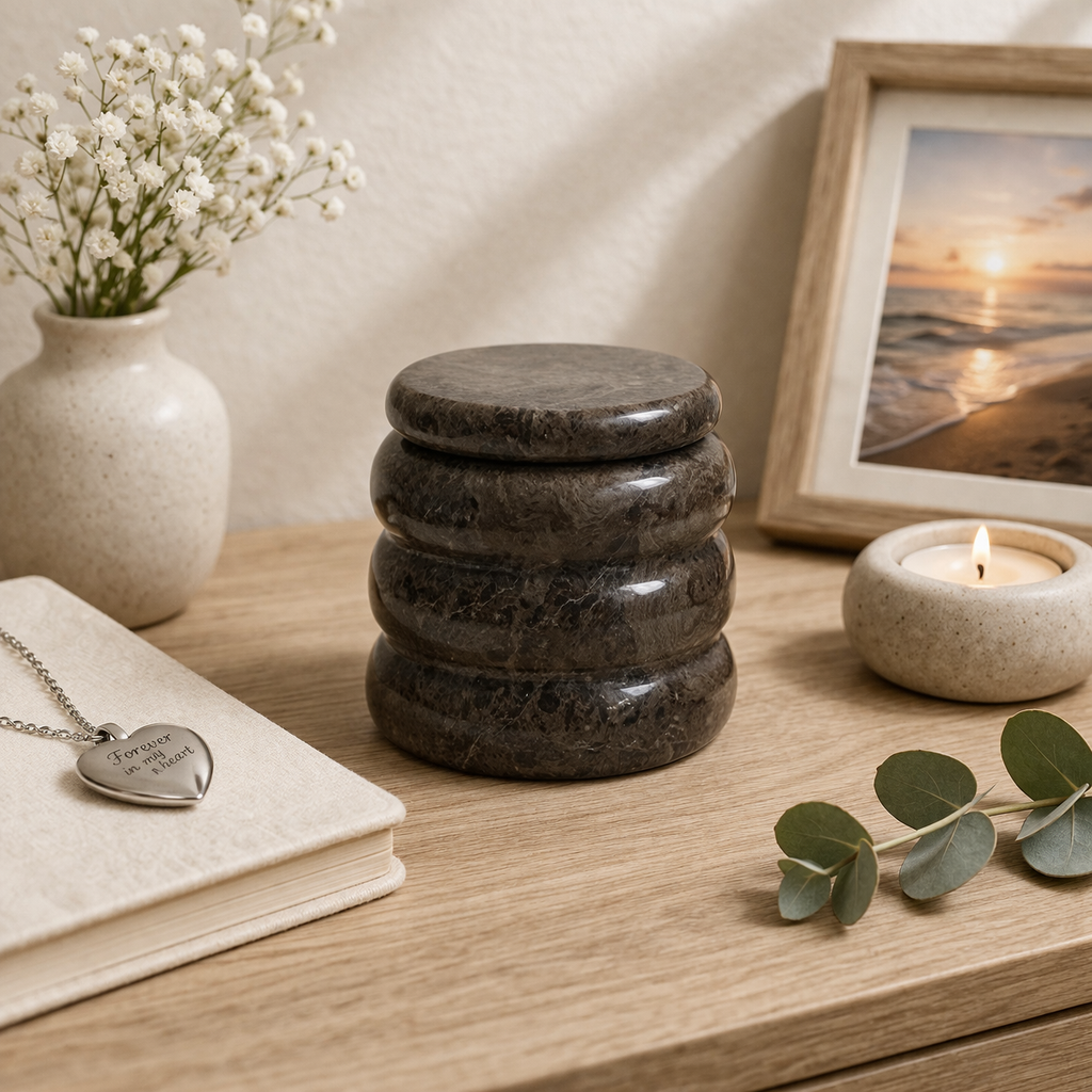 Gray Marbled Pattern Marble Keepsake Urn, Small Square Memorial Stone Box, 2.75" x 2.75" x 2", 1.35 lbs
