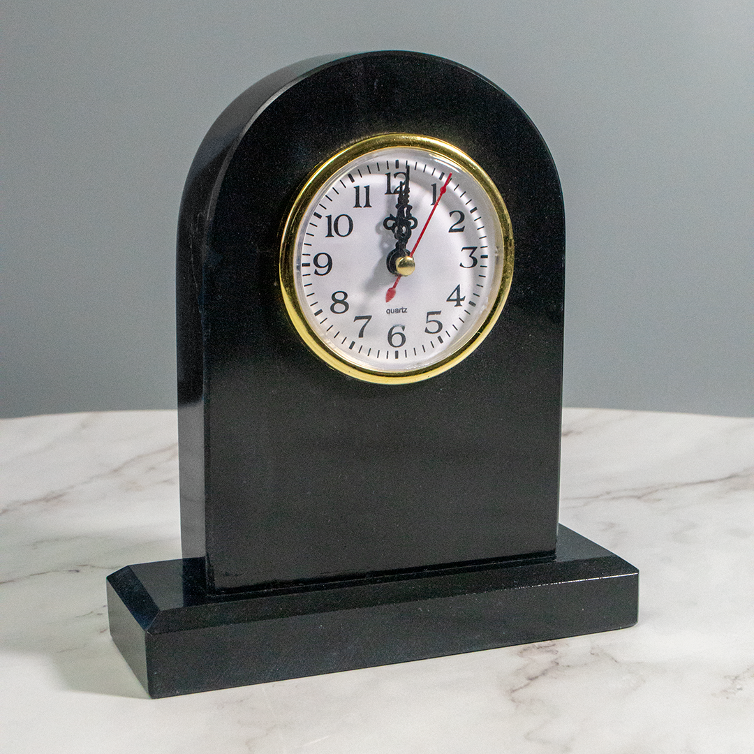 Hand-Polished Black Marble Arched Desk Clock Collection (Small, Medium, Large), Enduring Stone Timepieces