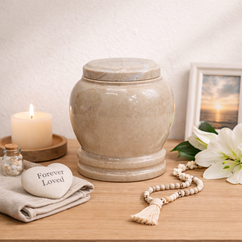 Hand-Polished Golden Wheat Marble Decorative Keepsake Urn with Secure Lid, 3" x 2.5", 0.96 lbs