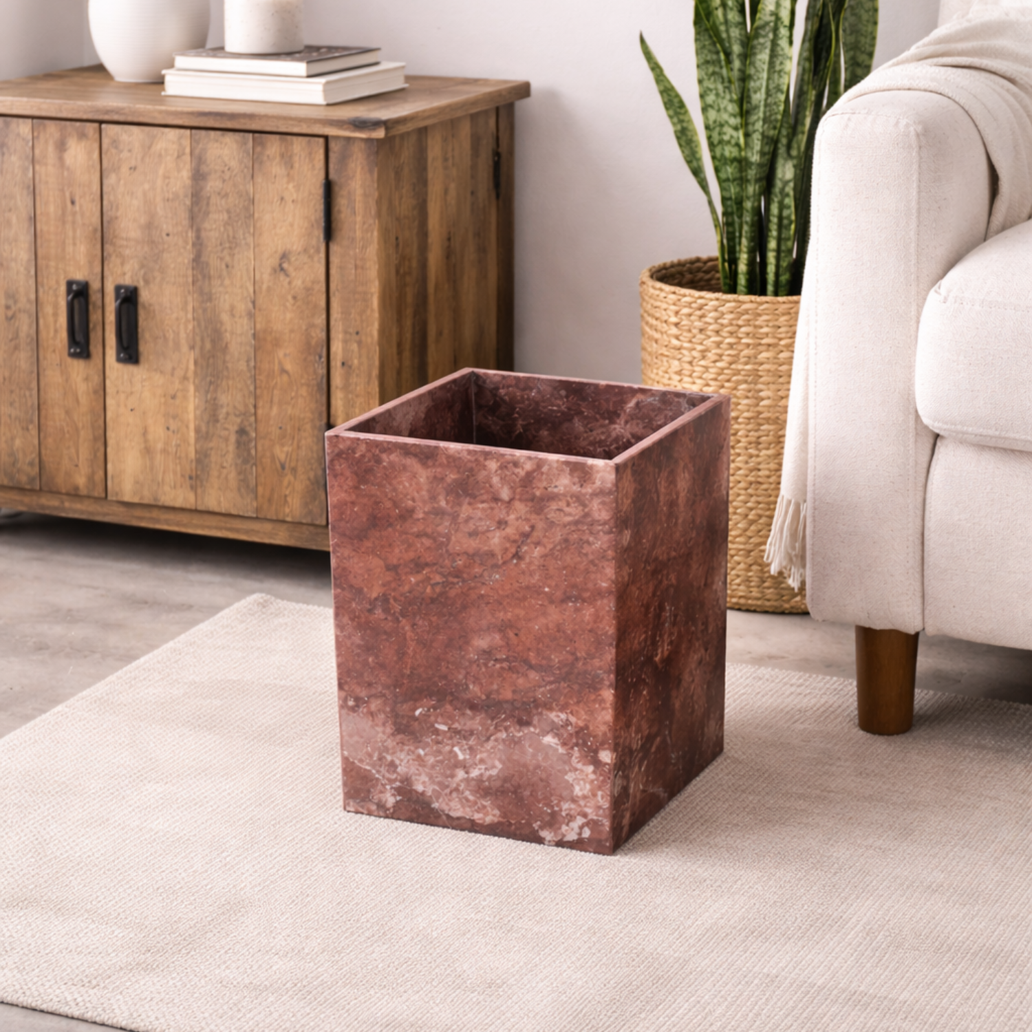 Luxurious Hand-Carved Pink Marble Wastebasket, Premium Natural Stone Round Trash Can for Vanity