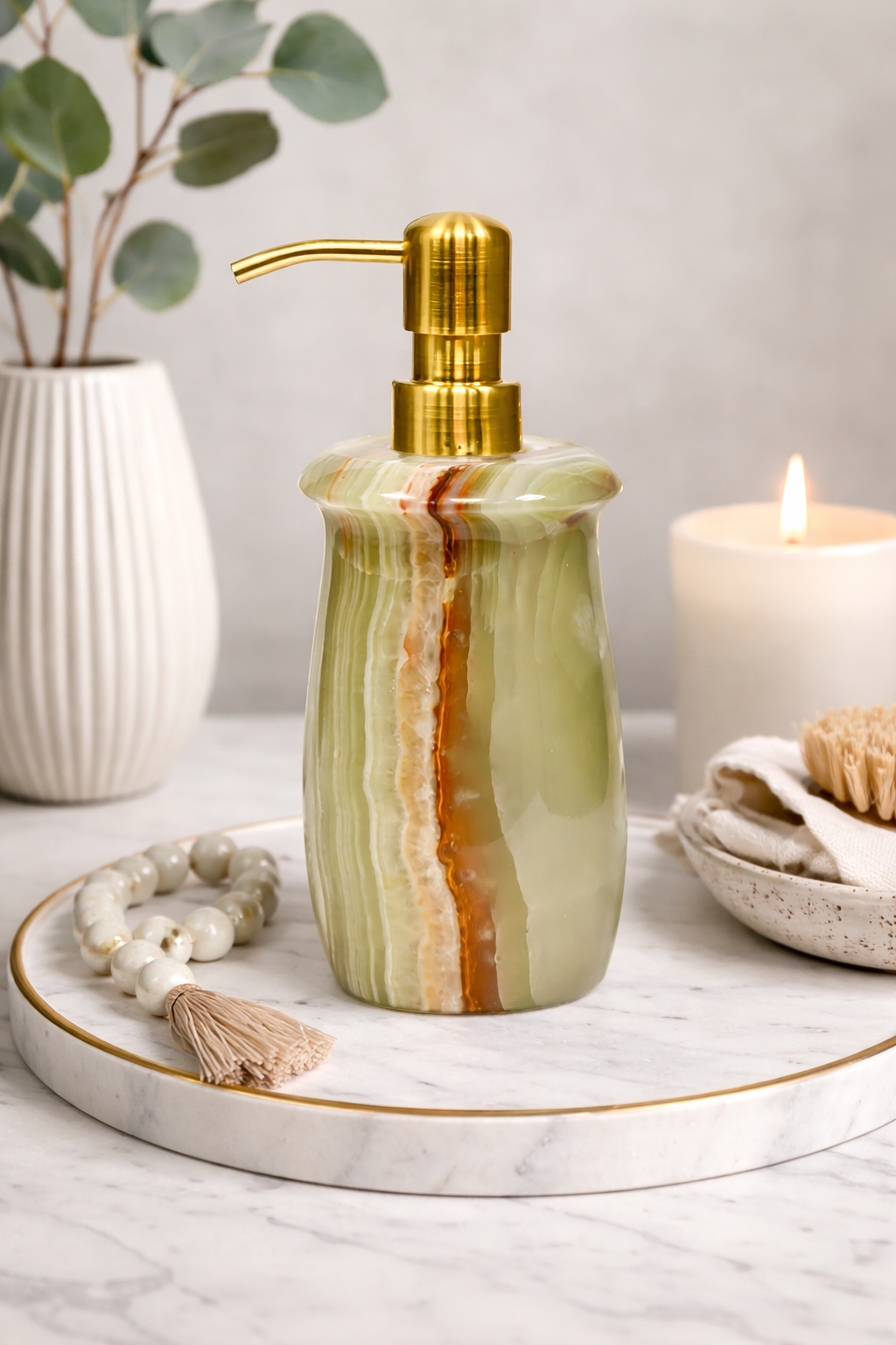 Hand-Carved Moss Green Marble Cylindrical Soap Dispenser, Warm Earth Tone Lotion Pump